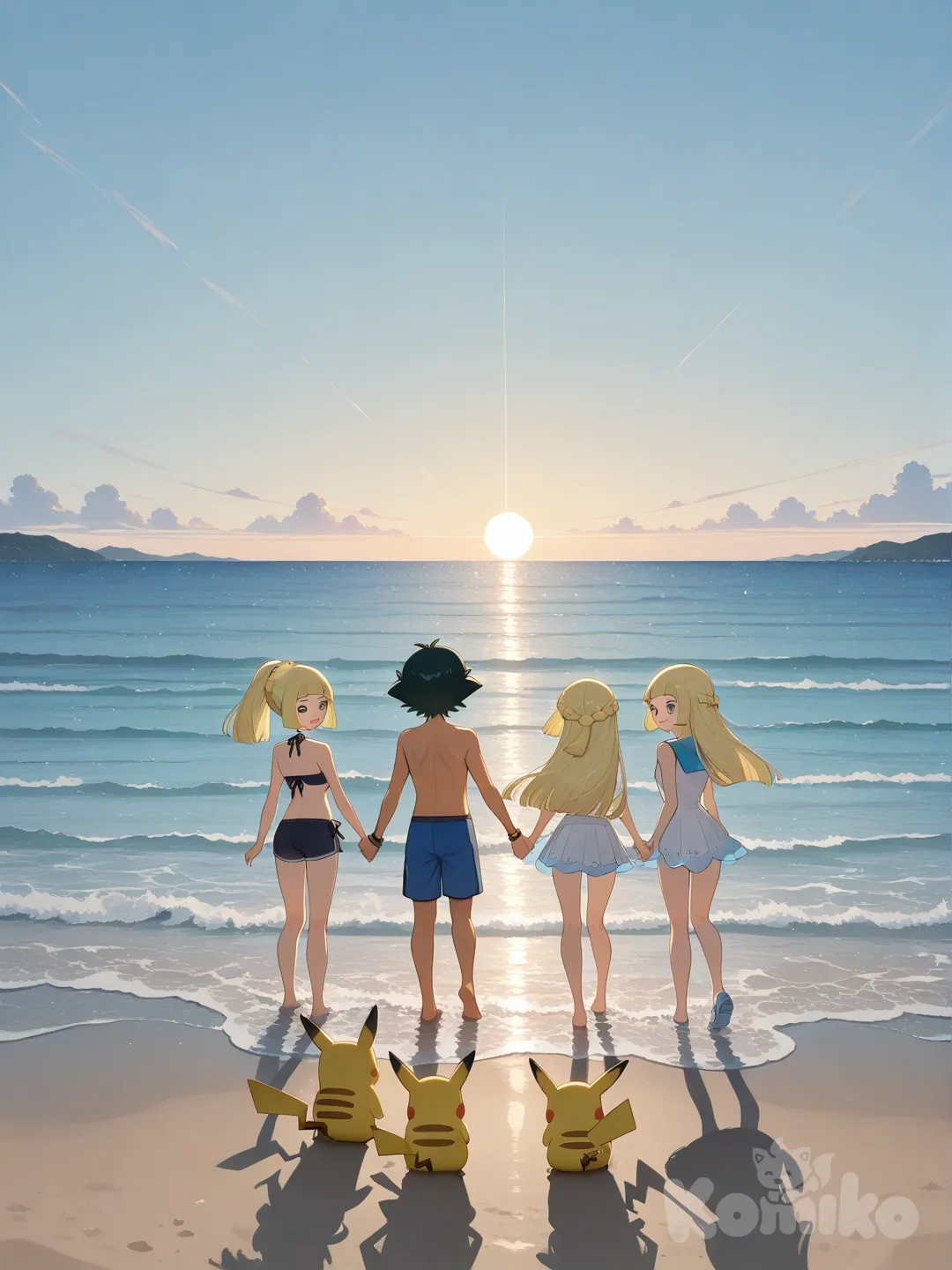 @Lillie_(Pokemon), @Ash_Ketchum, @Pikachu day beach.