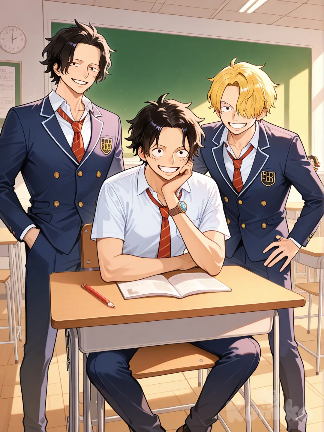 @Sabo_(One_Piece), @Portgas_D._Ace y @Monkey_D._Luffy en la univercidad.