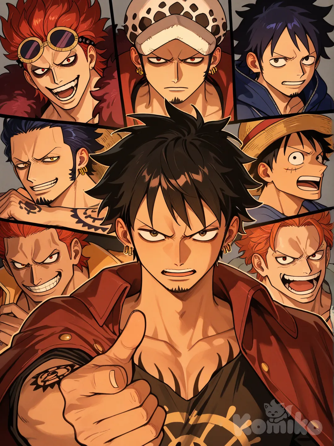 @Monkey_D._Luffy, @Trafalgar_Law, @Eustass_Kid:compañeros disfrasados de rivales.