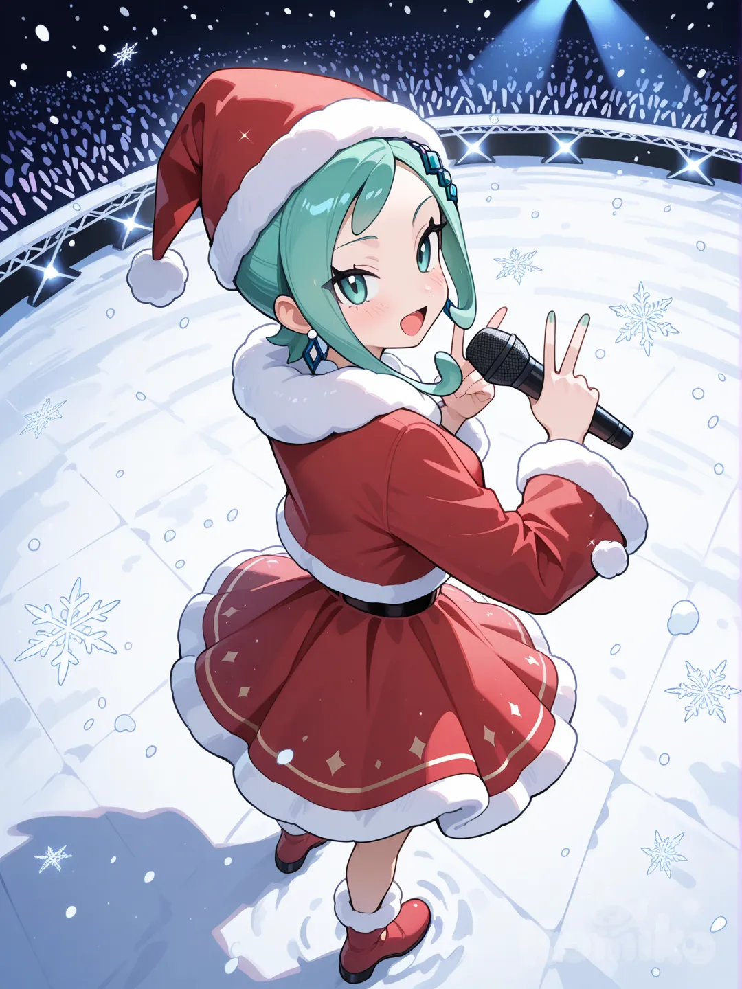 @Lisia_(Pokemon), singing, peace sign, santa outfit, falling snow, outdoor concert, looking at viewer, full body, from above, looking back