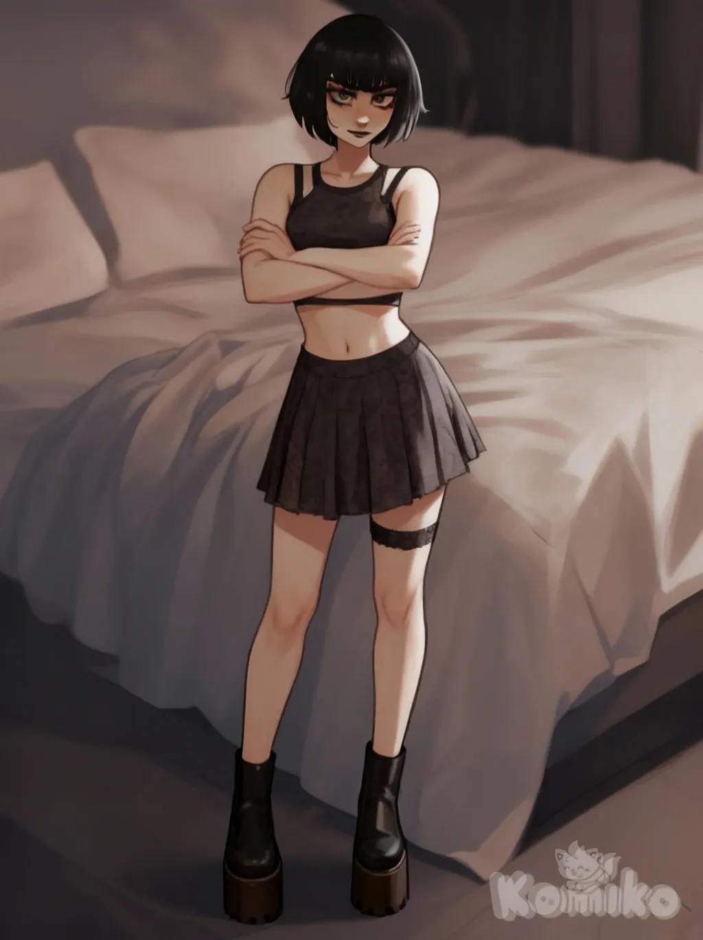 <lily-kiTb>, skirt, crop top, platform footwear, female pervert look, crossed arms, arrogant, standing