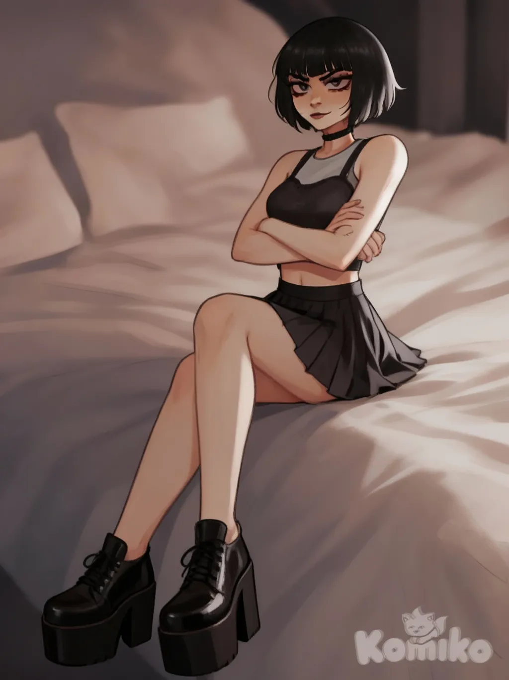 <lily-kiTb>, skirt, crop top, platform footwear, female pervert look, crossed arms, arrogant