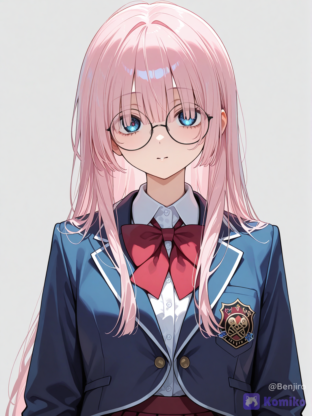 1girl, solo, long hair, straight hair, light pink hair, hair between eyes, hair over eyes, large eyes, aquamarine blue eyes, glasses, round eyewear, black-framed eyewear, school uniform, white shirt, dark blue blazer, red bow, pleated skirt, red skirt