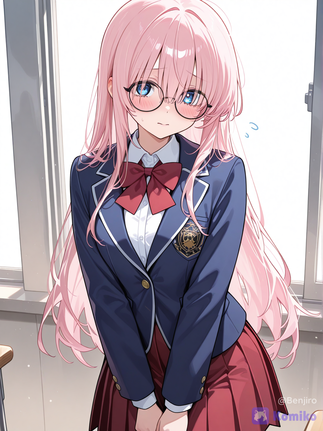 1girl, solo, long hair, straight hair, light pink hair, hair between eyes, hair over eyes, large eyes, aquamarine blue eyes, glasses, round eyewear, black-framed eyewear, school uniform, white shirt, dark blue blazer, red bow, pleated skirt, red skirt, shy, blush