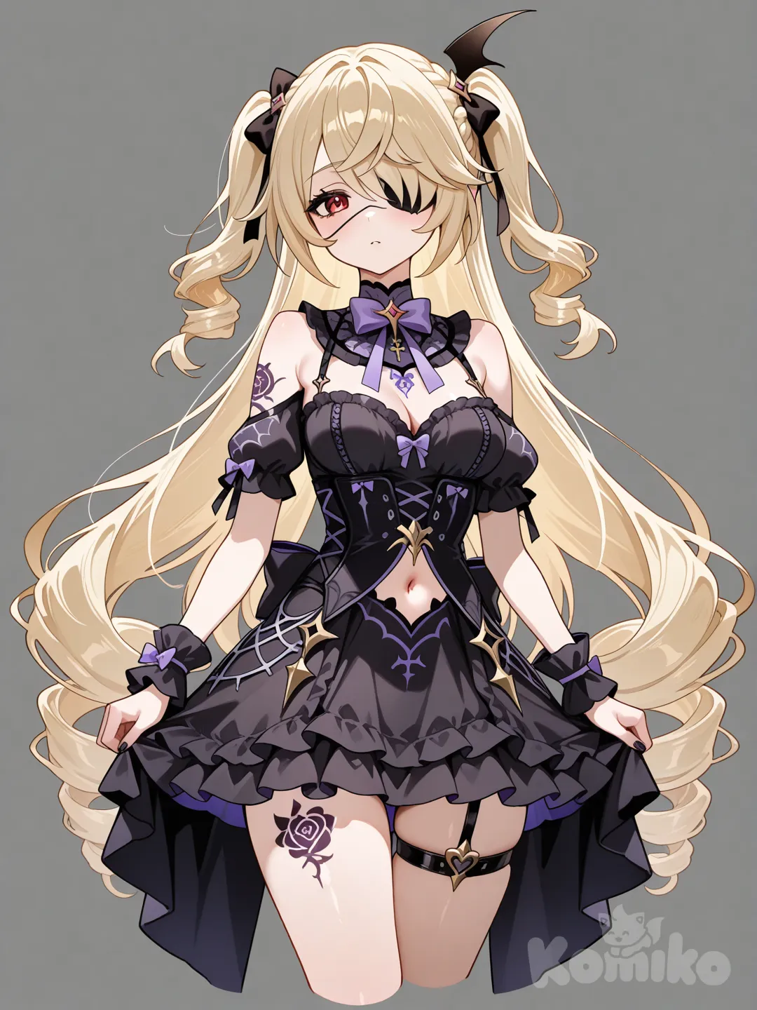 stomach_cutout, tattoo, bow, breasts, clothing_cutout, pointy_ears, red_eyes, 1girl, hair_bow, looking_at_viewer, cleavage, long_hair, solo, frills, navel, navel_cutout, wrist_cuffs, very_long_hair, braid, drill_hair, medium_breasts, bare_shoulders, cropped_legs, blonde_hair, thigh_strap, Fischl (Genshin Impact)