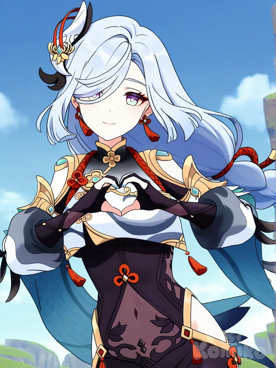 Shenhe_(Genshin_Impact), heart hands, looking at viewer, blue sky, [bright-anime-style]