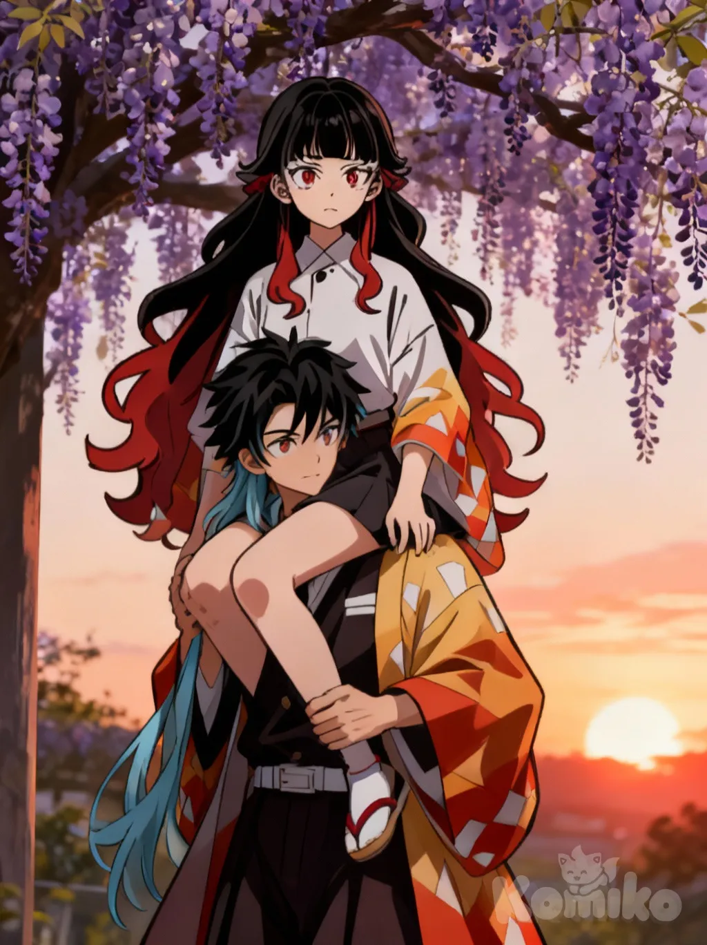 ~niku got tired of walking so muichiro just let her go on his back~