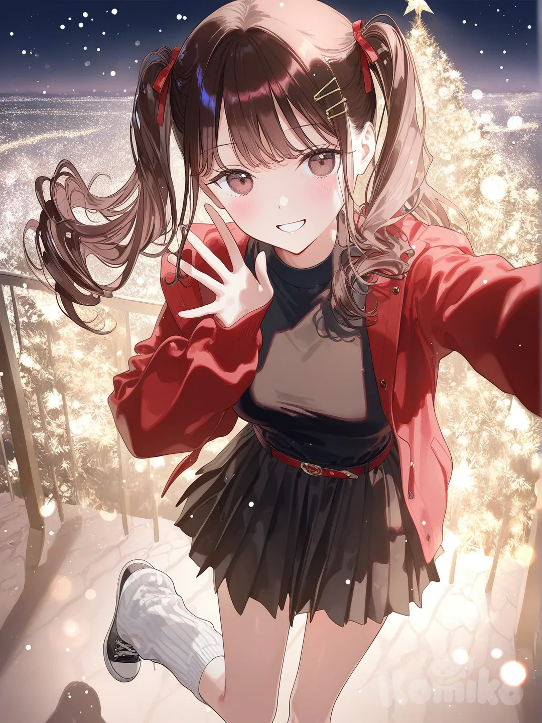 1girl, 3d, [iridescent-style], brown hair, curly hair, hair in ponytails, messy hair, loose hair, cute chibi hair clips, long hair, thick hair, brown eyes, flannel red jacket, black shirt, black short skirt, white belt, converse shoes, white leg warmers, outside, snowing, winter, Christmas tree in background, taking selfie, blushing, warm smile, soft smile, cold, Christmas, happy, laughing