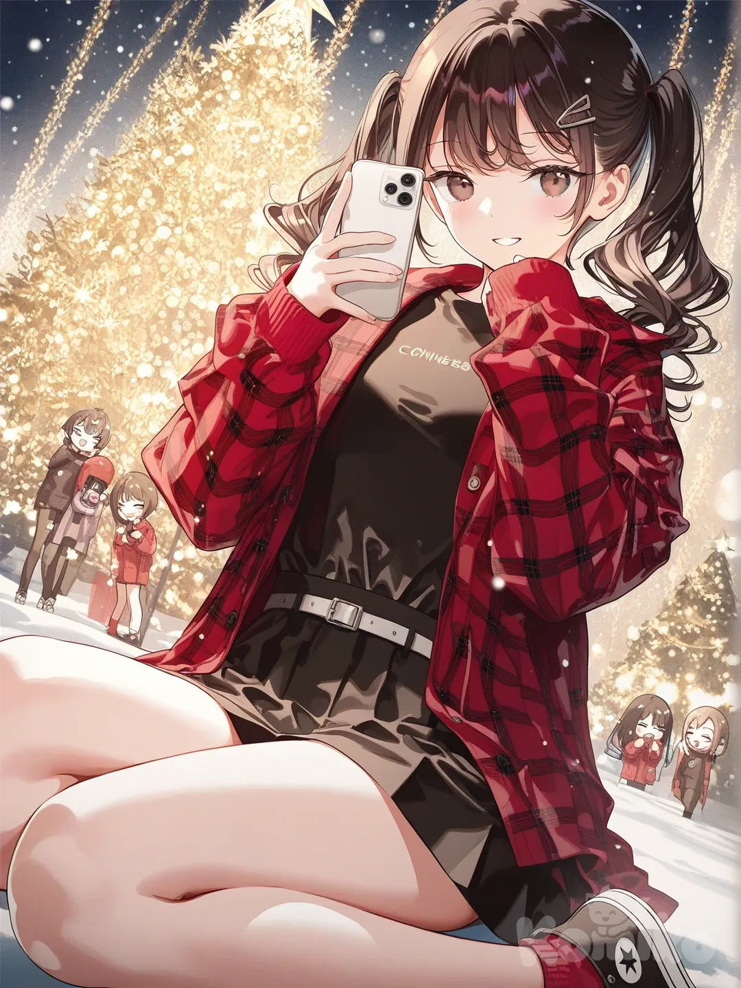 1girl, 3d, [iridescent-style], brown hair, curly hair, hair in ponytails, messy hair, loose hair, cute chibi hair clips, long hair, thick hair, brown eyes, flannel red jacket, black shirt, black short skirt, white belt, converse shoes, red leg warmers, outside, snowing, winter, Christmas tree in background, taking selfie, blushing, warm smile, soft smile, cold, Christmas, happy, laughing