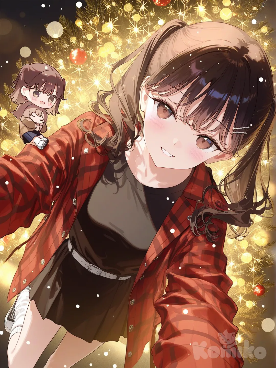 1girl, 3d, [iridescent-style], brown hair, curly hair, hair in ponytails, messy hair, loose hair, cute chibi hair clips, long hair, thick hair, brown eyes, flannel red jacket, black shirt, black short skirt, white belt, converse shoes, white leg warmers, outside, snowing, winter, Christmas tree in background, taking selfie, blushing, warm smile, soft smile, cold, Christmas, happy, laughing
