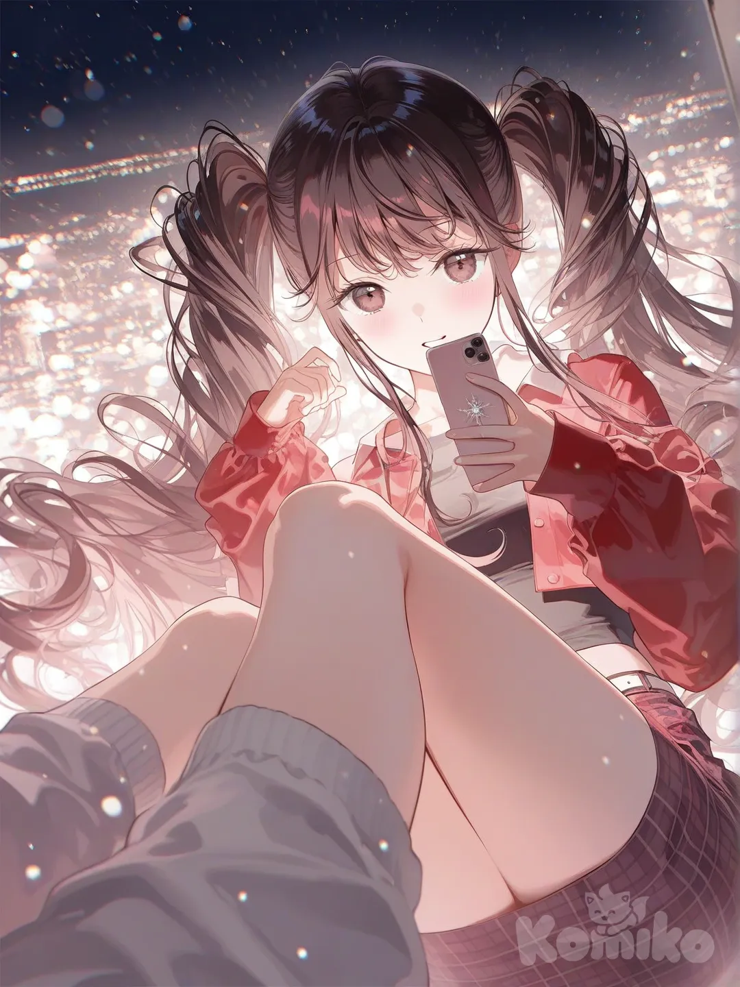 3d, [iridescent-style], 1girl, very long hair, brown hair, curly hair, messy hair, loose hair, hair in pony tails, thick hair, flanael red jacket, black crop top, white belt, short red flannel skirt, white leg warmers, smile, brown eyes, warm smile, soft smile, blushing, curvy figure, cute girl, in city, city lights, night time, stary night, winter, snowing, cold, happy, sitting down, taking selfie