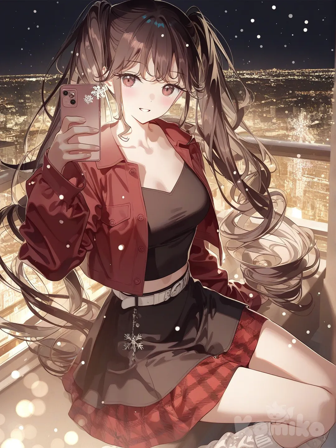 3d, [iridescent-style], 1girl, very long hair, brown hair, curly hair, messy hair, loose hair, hair in pony tails, thick hair, flanael red jacket, black crop top, white belt, short red flannel skirt, white leg warmers, smile, brown eyes, warm smile, soft smile, blushing, curvy figure, cute girl, in city, city lights, night time, stary night, winter, snowing, cold, happy, sitting down, taking selfie