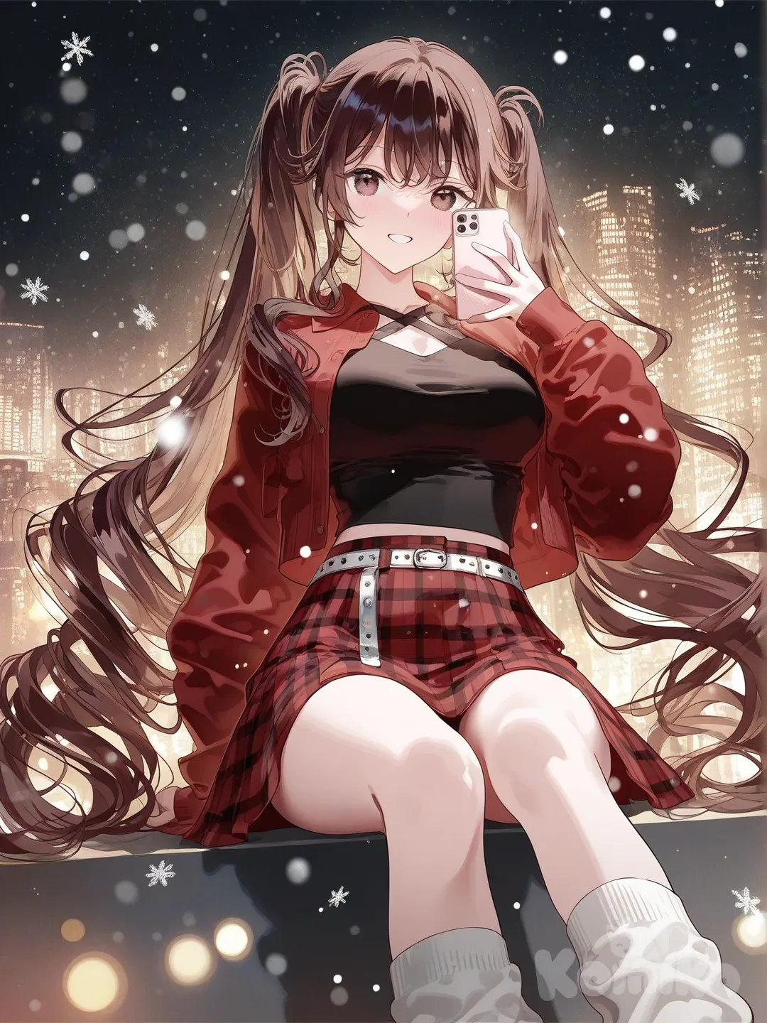 3d, [iridescent-style], 1girl, very long hair, brown hair, curly hair, messy hair, loose hair, hair in pony tails, thick hair, flanael red jacket, black crop top, white belt, short red flannel skirt, white leg warmers, smile, brown eyes, warm smile, soft smile, blushing, curvy figure, cute girl, in city, city lights, night time, stary night, winter, snowing, cold, happy, sitting down, taking selfie