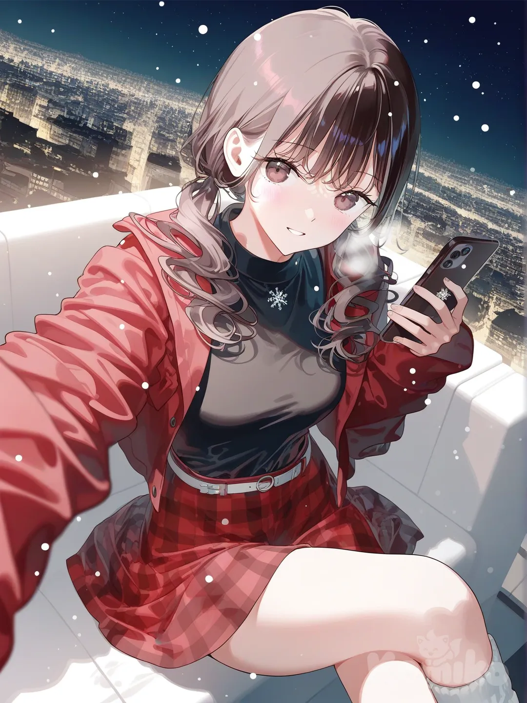 3d, [iridescent-style], 1girl, long hair, brown hair, curly hair, messy hair, loose hair, hair in pony tails, flanael red jacket, black shirt, white belt, red flannel skirt, white leg warmers, smile, brown eyes, warm smile, soft smile, blushing, curvy figure, cute girl, in city, city lights, night time, stary night, winter, snowing, cold, happy, sitting down, taking selfie