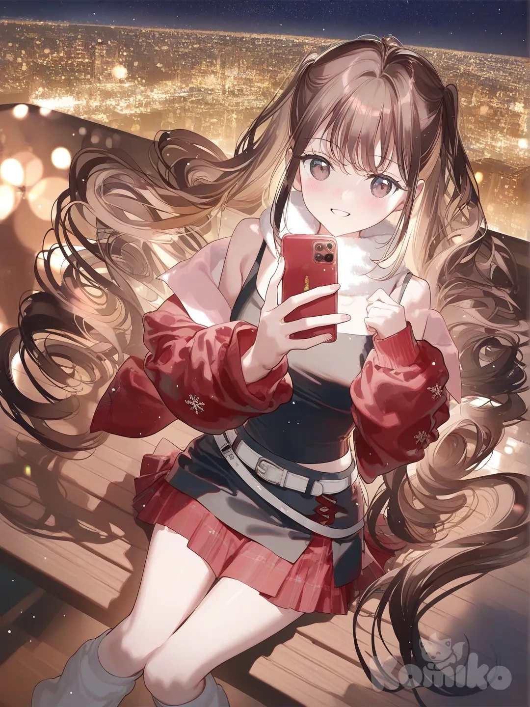 3d, [iridescent-style], 1girl, very long hair, brown hair, curly hair, messy hair, loose hair, hair in pony tails, thick hair, flanael red jacket, black crop top, white belt, short red flannel skirt, white leg warmers, smile, brown eyes, warm smile, soft smile, blushing, curvy figure, cute girl, in city, city lights, night time, stary night, winter, snowing, cold, happy, sitting down, taking selfie