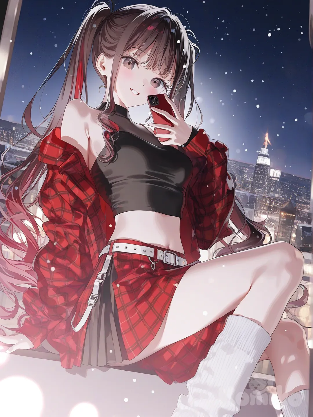 3d, [iridescent-style], 1girl, very long hair, brown hair, curly hair, messy hair, loose hair, hair in pony tails, flanael red jacket, black crop top, white belt, short red flannel skirt, white leg warmers, smile, brown eyes, warm smile, soft smile, blushing, curvy figure, cute girl, in city, city lights, night time, stary night, winter, snowing, cold, happy, sitting down, taking selfie