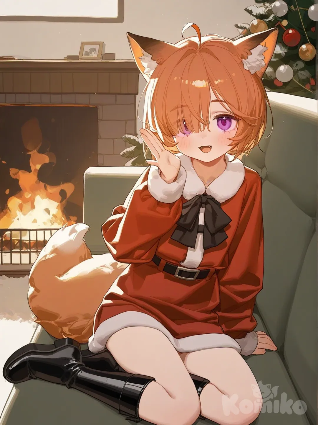 3d, [lacquered-illustration-style], @Komiko_Chan,Christmas outfit, Christmas tree, fireplace, sitting on couch, blushing, smile, warms smile, kind smile, soft smile