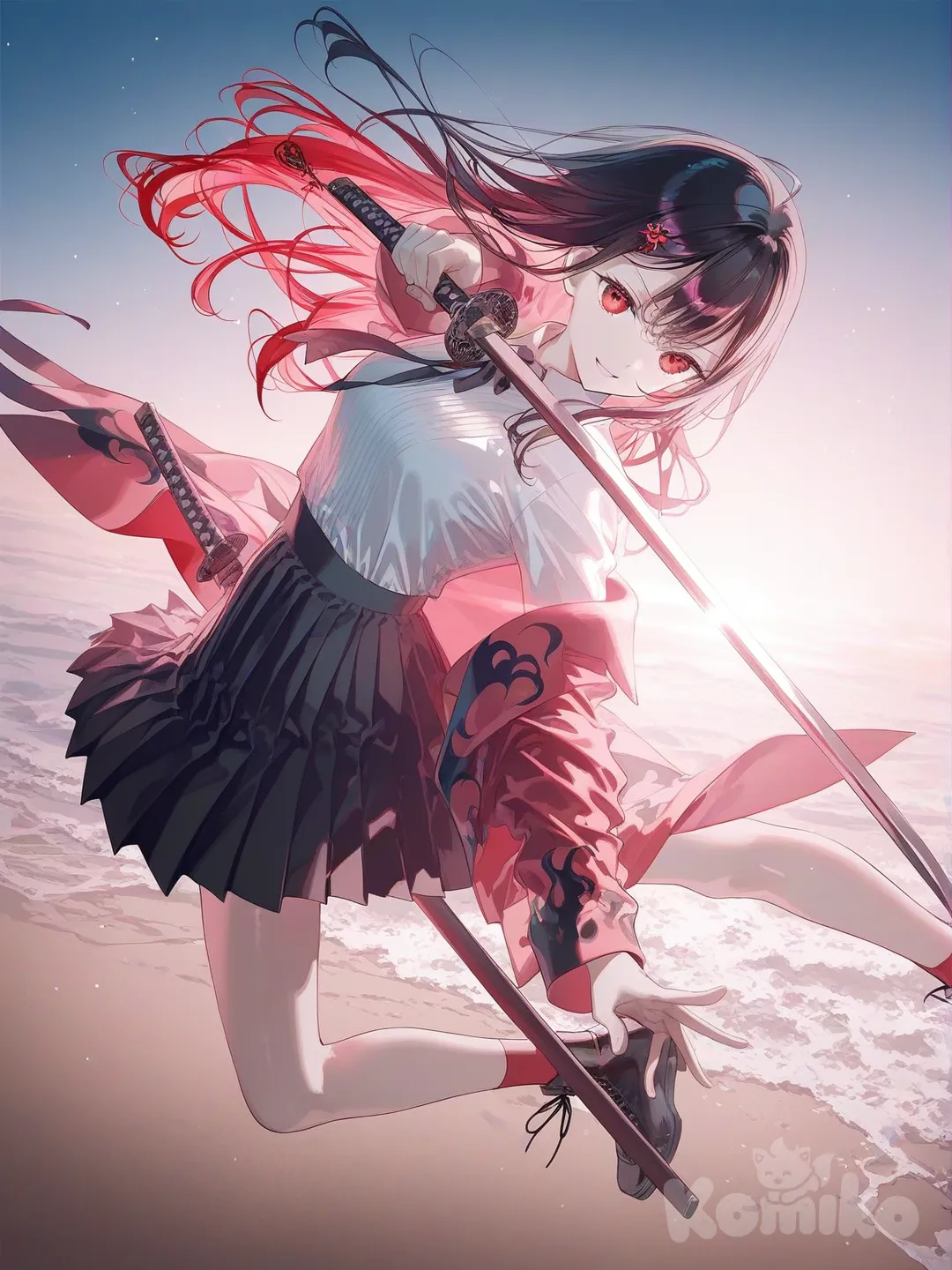 3d, @niku-saki-rAcL, doing splits in the air , holding katana, smile,on beach, [iridescent-style], hair down, freedom