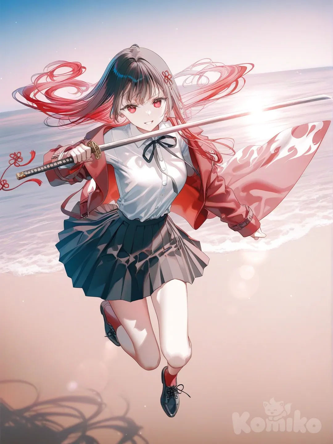 3d, @niku-saki-rAcL, doing splits in the air , holding katana, smile,on beach, [iridescent-style], hair down, freedom