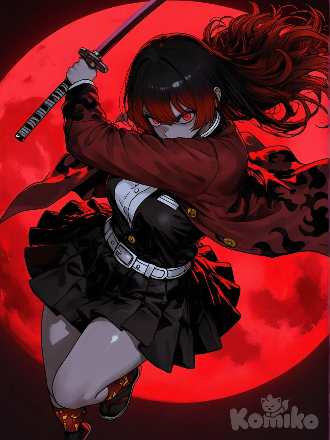 3d, [sweet-painting-style], 1girl, @niku-saki-rAcL, holding katana, fighting demons, infinaty castle, seriouse face, red lights in the background, jumping in the sky, killing demon, hair down, fighting demons, a bit angry, demon slayer outfit, short skirt, white belt, gold bottons on hashira shirt, curvy figure, red moon, dark aura