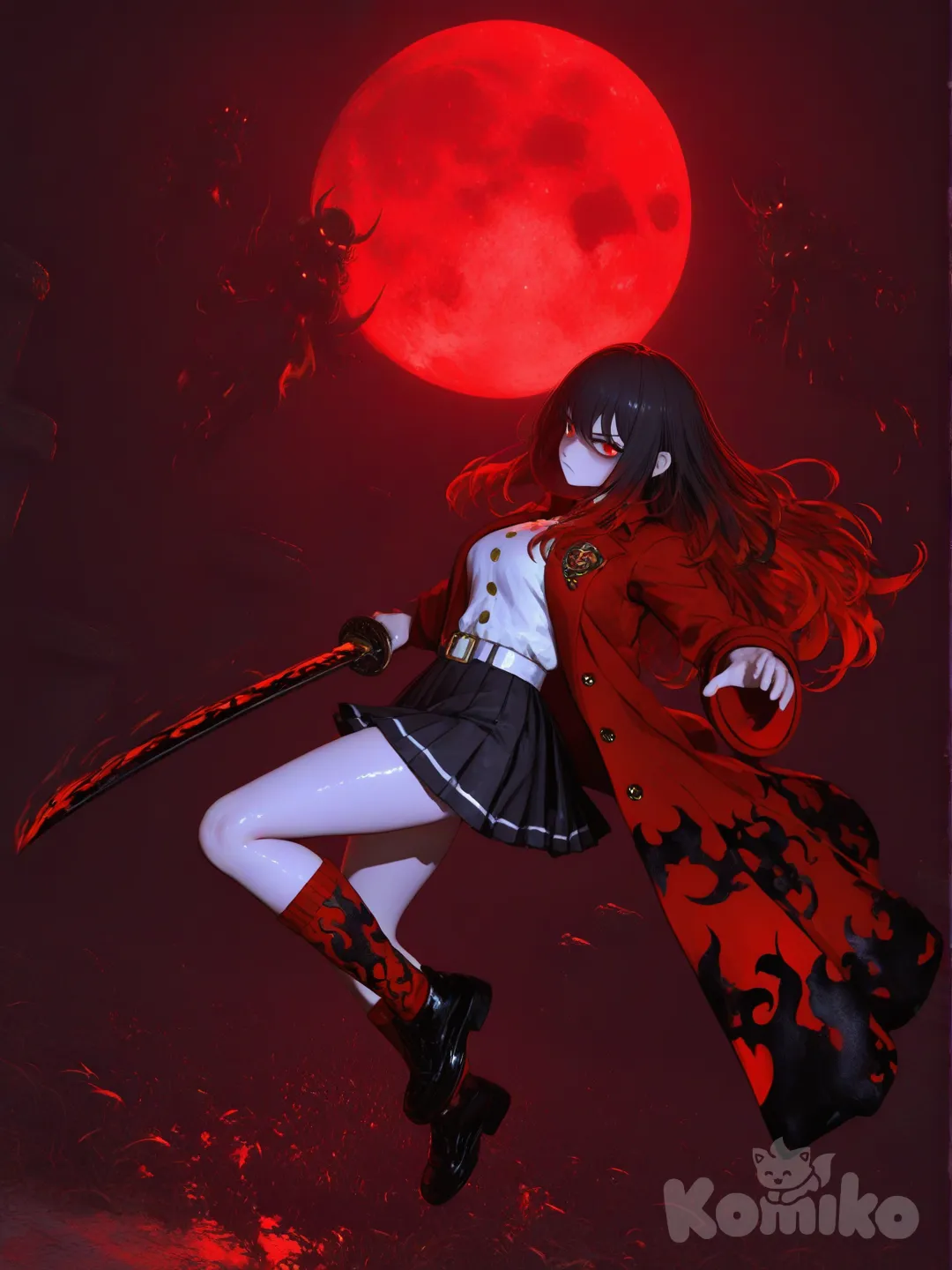 3d, [sweet-painting-style], 1girl, @niku-saki-rAcL, holding katana, fighting demons, infinaty castle, seriouse face, red lights in the background, jumping in the sky, killing demon, hair down, fighting demons, a bit angry, demon slayer outfit, short skirt, white belt, gold bottons on hashira shirt, curvy figure, red moon, dark aura