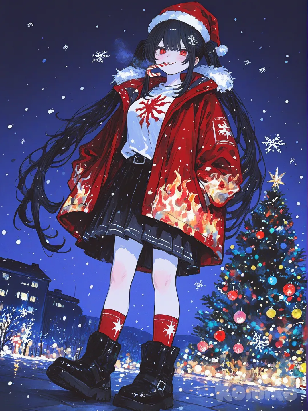 3d, [sweet-painting-style], @niku-saki-rAcL, nighttime, Christmas trees, christmas light, christmas outfit, long hair, thick hair,Christmas, winter, snowing, santa hat, candy cane in mouth, warm smile, soft smile, 1girl, happy, Christmas time, December, Christmas trees in the backround