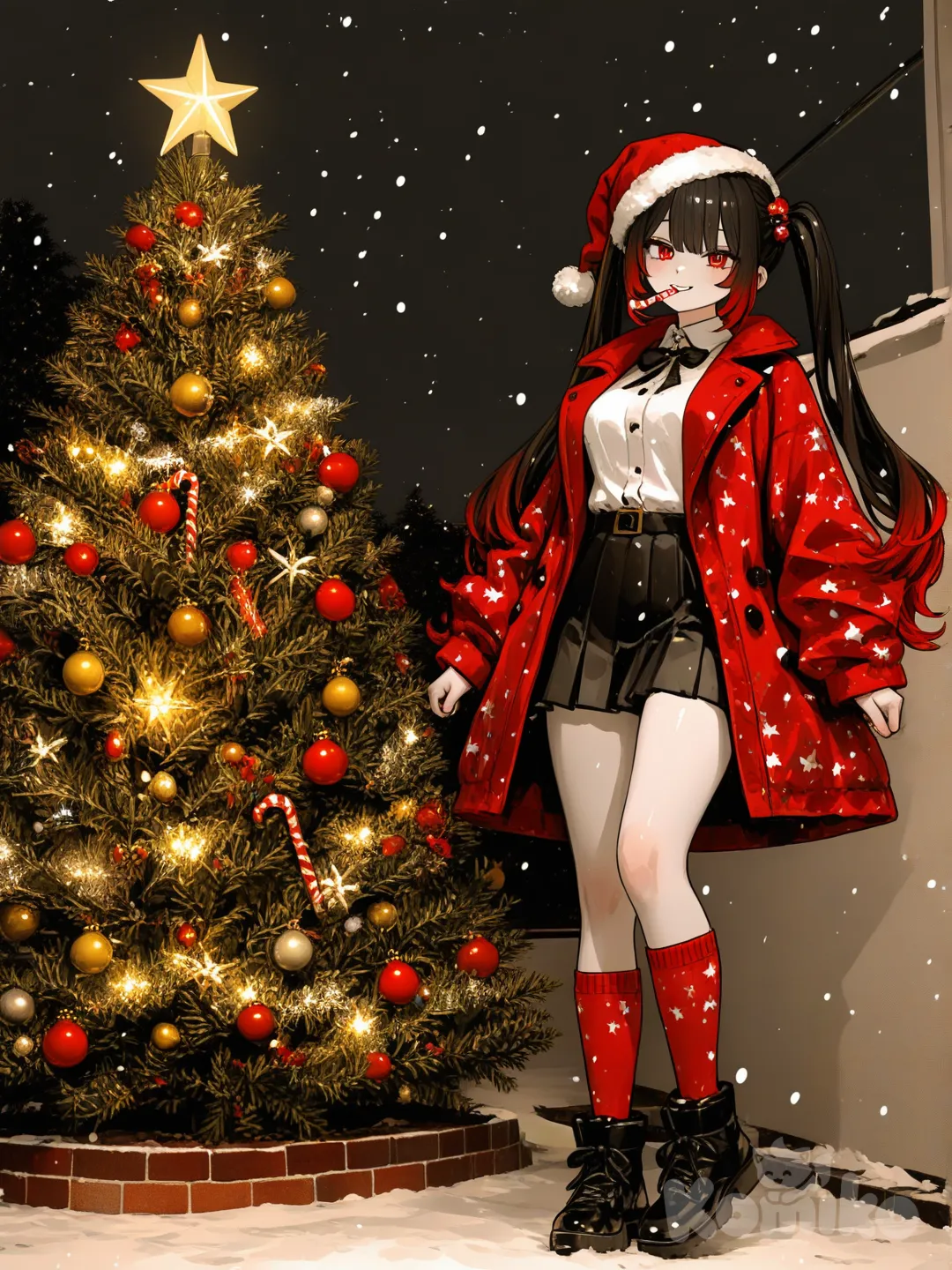 3d, [sweet-painting-style], @niku-saki-rAcL, nighttime, Christmas trees, christmas light, christmas outfit, long hair, thick hair,Christmas, winter, snowing, santa hat, candy cane in mouth, warm smile, soft smile, 1girl, happy, Christmas time, December, Christmas trees in the backround