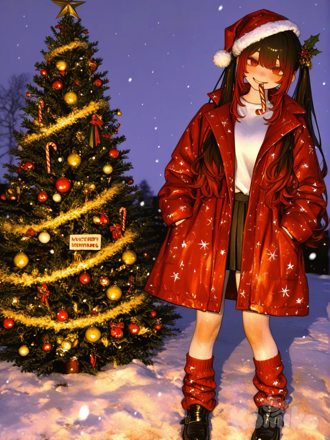 3d, [sweet-painting-style], @niku-saki-rAcL, nighttime, Christmas trees, christmas light, christmas outfit, long hair, thick hair,Christmas, winter, snowing, santa hat, candy cane in mouth, warm smile, soft smile, 1girl, happy, Christmas time, December, Christmas trees in the backround