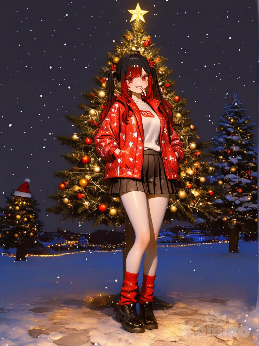 3d, [sweet-painting-style], @niku-saki-rAcL, nighttime, Christmas trees, christmas light, christmas outfit, long hair, thick hair,Christmas, winter, snowing, santa hat, candy cane in mouth, warm smile, soft smile, 1girl, happy, Christmas time, December, Christmas trees in the backround