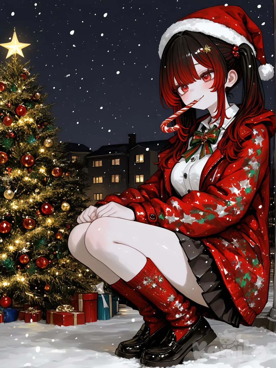 3d, [sweet-painting-style], @niku-saki-rAcL, nighttime, Christmas trees, christmas light, christmas outfit, long hair, thick hair,Christmas, winter, snowing, santa hat, candy cane in mouth, warm smile, soft smile, 1girl, happy, Christmas time, December, Christmas trees in the backround