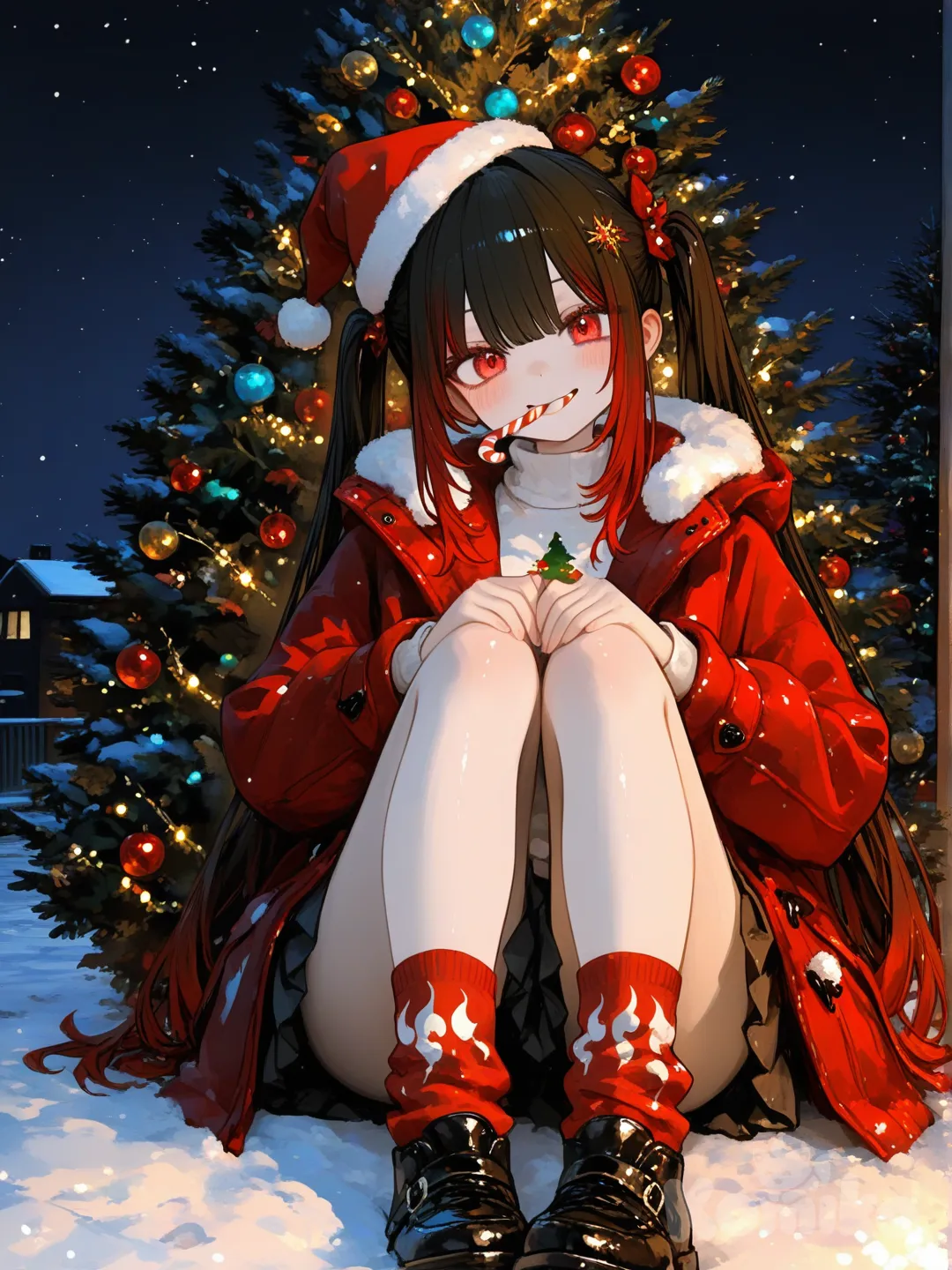3d, [sweet-painting-style], @niku-saki-rAcL, nighttime, Christmas trees, christmas light, christmas outfit, long hair, thick hair,Christmas, winter, snowing, santa hat, candy cane in mouth, warm smile, soft smile, 1girl, happy, Christmas time, December, Christmas trees in the backround