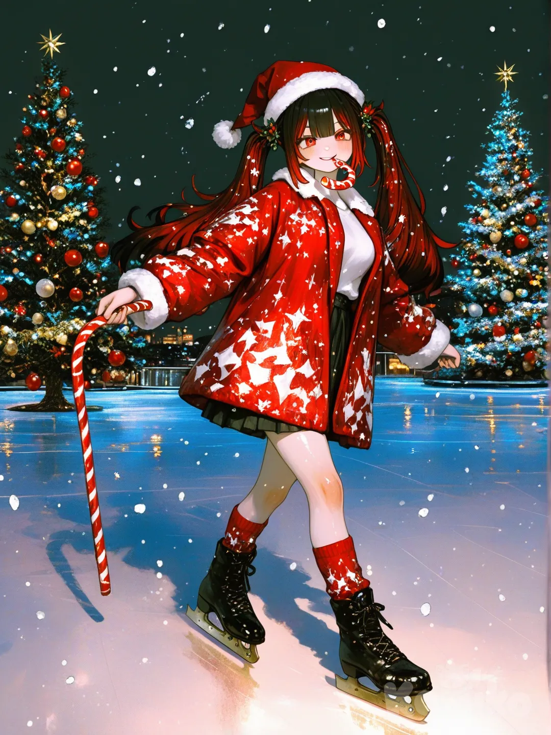 3d, [sweet-painting-style], nighttime, Christmas trees, christmas light, christmas outfit, long hair, thick hair,Christmas, winter, snowing, santa hat, candy cane in mouth, warm smile, soft smile, 1girl, happy, Christmas time, December, Christmas trees in the backround, ice skating, long black hair,red eyes, @niku-saki-rAcL, christmas lights