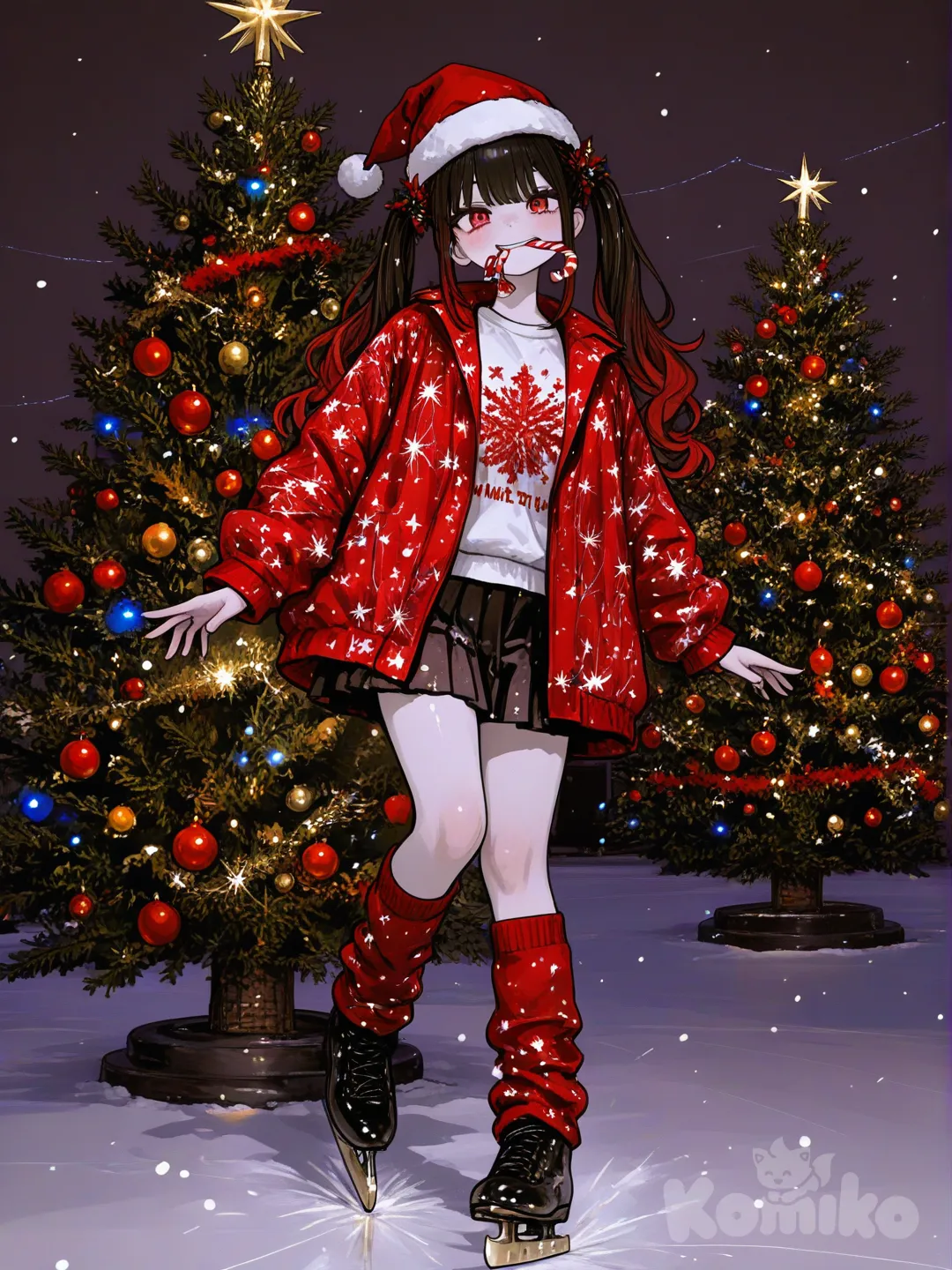 3d, [sweet-painting-style], nighttime, Christmas trees, christmas light, christmas outfit, long hair, thick hair,Christmas, winter, snowing, santa hat, candy cane in mouth, warm smile, soft smile, 1girl, happy, Christmas time, December, Christmas trees in the backround, ice skating, long black hair,red eyes, @niku-saki-rAcL, christmas lights