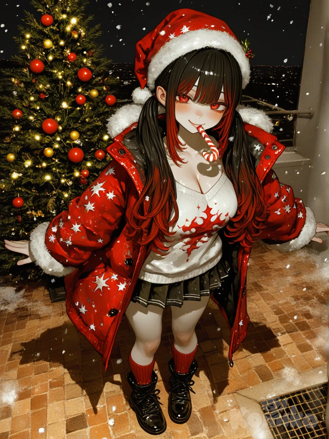 3d, [sweet-painting-style], @niku-saki-rAcL, nighttime, Christmas trees, christmas light, christmas outfit, long hair, thick hair,Christmas, winter, snowing, santa hat, candy cane in mouth, warm smile, soft smile, 1girl, happy, Christmas time, December, Christmas trees in the backround,