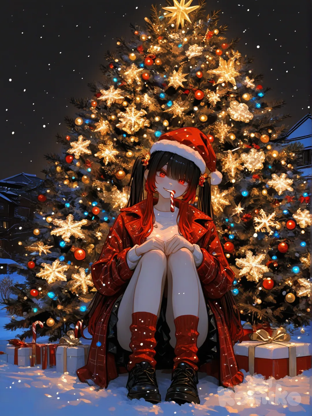 3d, [sweet-painting-style], @niku-saki-rAcL, nighttime, Christmas trees, christmas light, christmas outfit, long hair, thick hair,Christmas, winter, snowing, santa hat, candy cane in mouth, warm smile, soft smile, 1girl, happy, Christmas time, December, Christmas trees in the backround