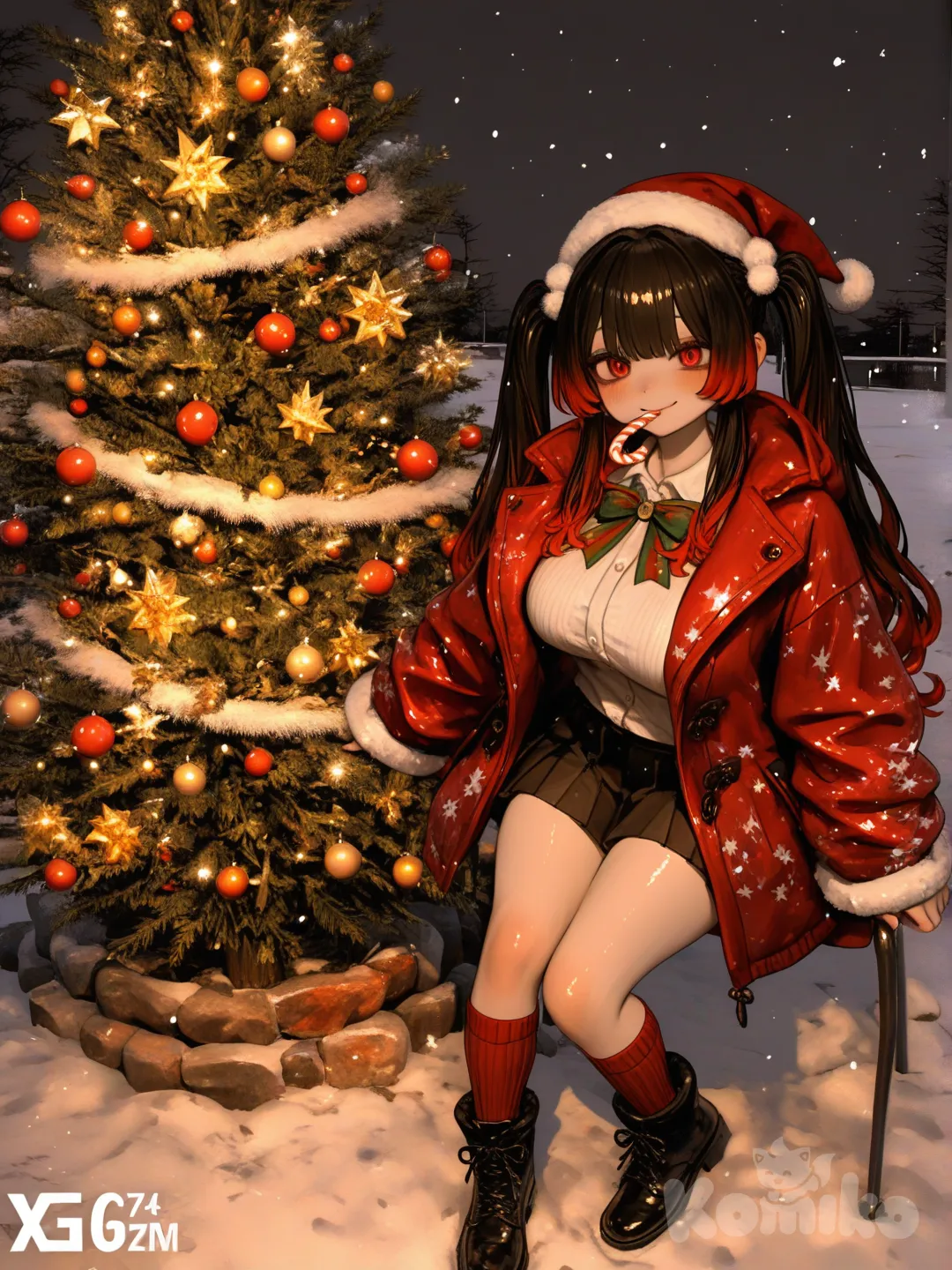 3d, [sweet-painting-style], @niku-saki-rAcL, nighttime, Christmas trees, christmas light, christmas outfit, long hair, thick hair,Christmas, winter, snowing, santa hat, candy cane in mouth, warm smile, soft smile, 1girl, happy, Christmas time, December, Christmas trees in the backround,