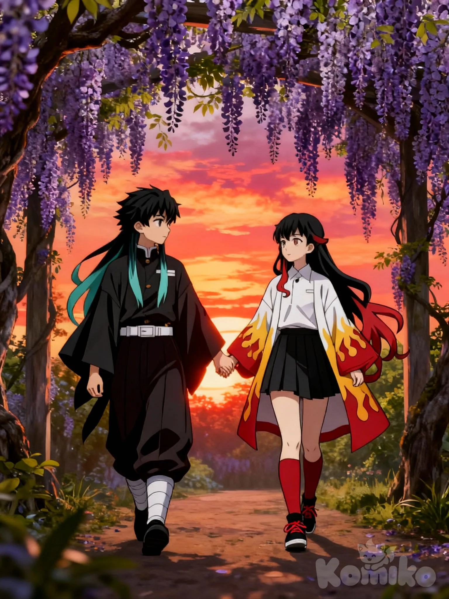 1boy, 1girl, 2people, @muichiro-tokito-Z1CM, @niku-saki-rAcL, holding hands, walking in wisteria tree forest, sunset