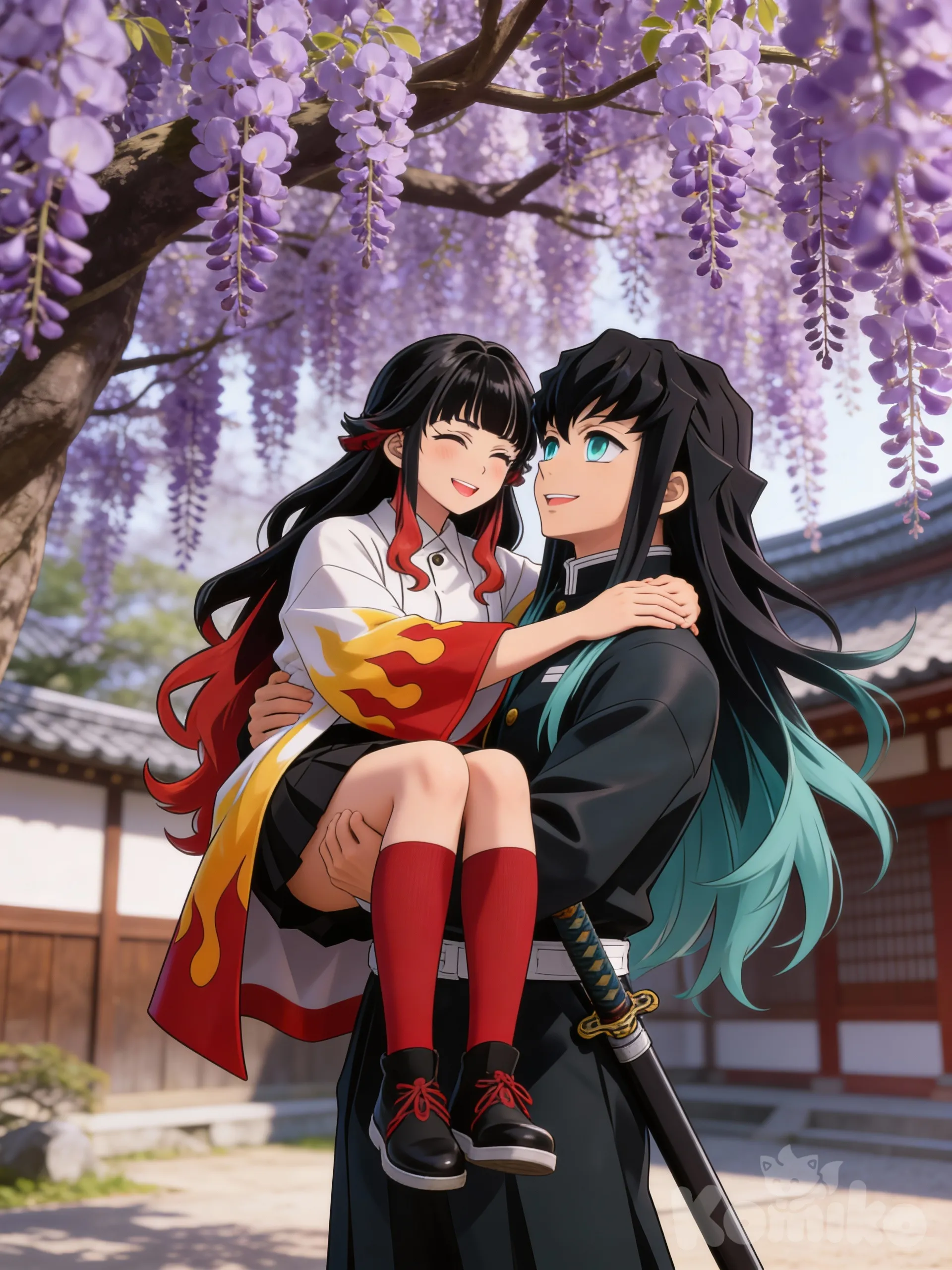 @niku-saki-rAcL, warm smile, in muichiros arms, @muichiro-tokito-Z1CM, teal eyes, long hair, warm smile, cuddling with Niku, 1boy, 1girl, 2people, 3d, outside, demon slayer, wisteria trees, japan, [semi-realistic-portrait-style]