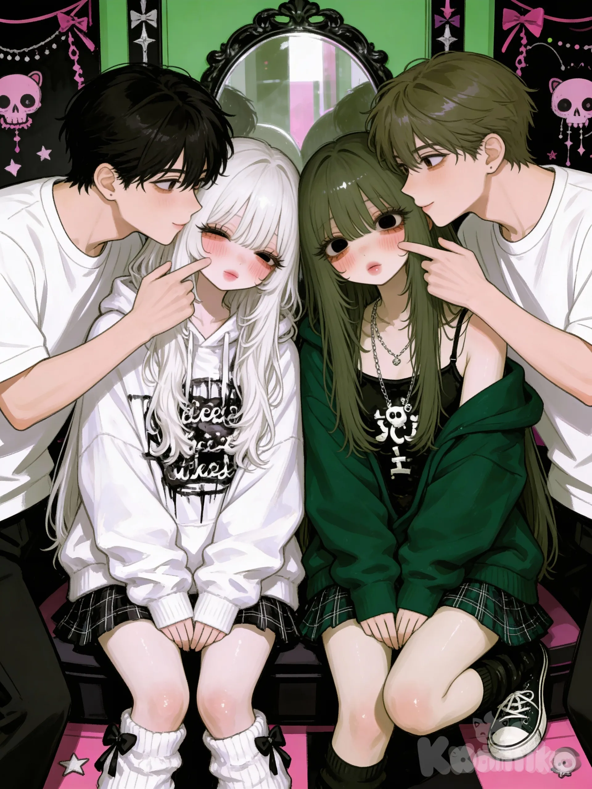 These boys keep flirting with us!! (Y/N Is white hair, Miyu is green hair)