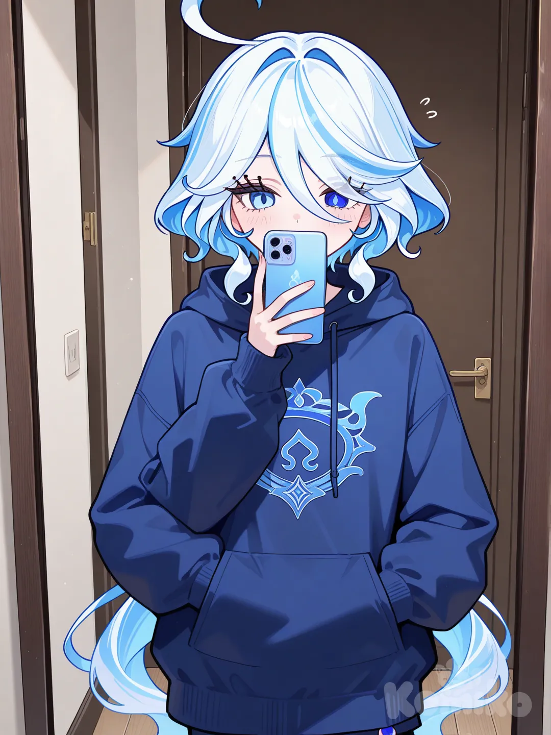 @Furina_(Genshin_Impact), selfie, hands in pockets, looking at phone