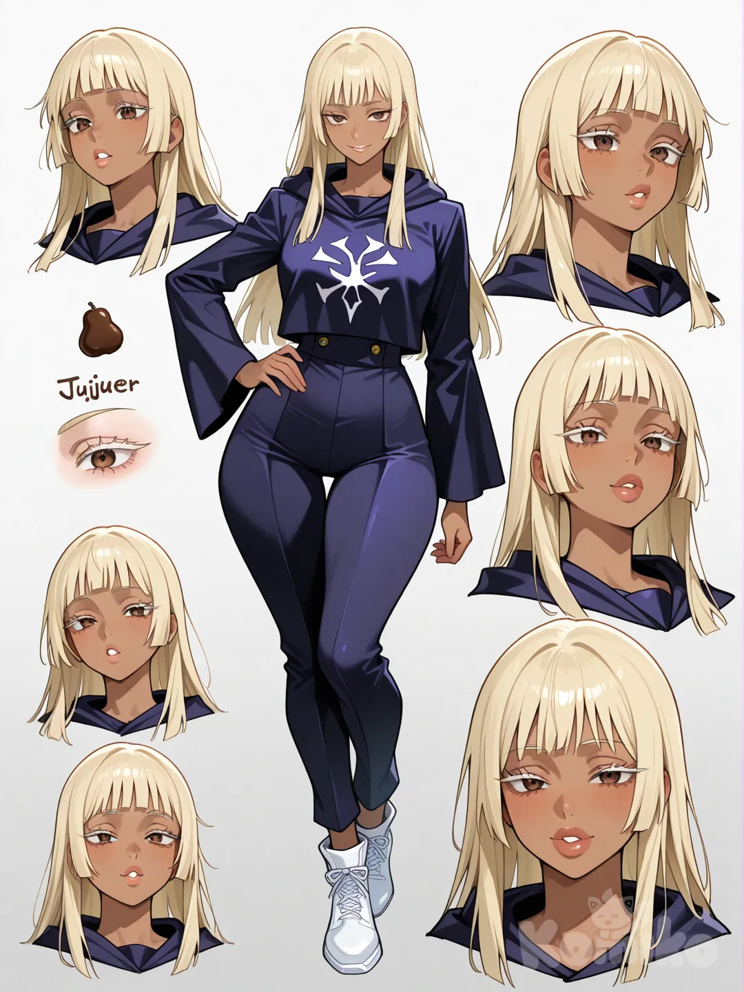 KNY Jujutsu Kaisen , Cahracter overview posing to times and close up to hr face standin hand on hip , ebony dark- chocolate skinned female , with round big pretty lips , pear shaped figure with long torso and low waist with thigh gap with curves , in sorcerer uniform with uniform low waist flared pants and white shoes , close up to face , her hair is full pale blonde middle part dead straight choppy at the ends to her shoulders , slanted eyes and dark brown eye and extremely long lashes