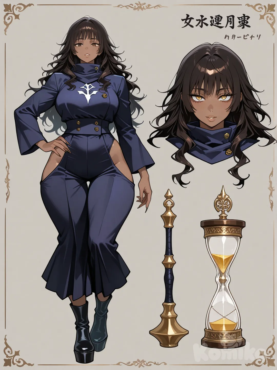 KNY Jujutsu Kaisen , Cahracter overview posing two times and close up to her face design , one pose of her standin hand on hip , EBONY Deep dark brown skinned female , with round big pretty lips , muscular hourglass shaped figure with long torso and low waist with thigh gap with curves , in jjk sorcerer uniform with uniform low waist hamaka pants a with huge hip wholes and black platform boots, close up to face , her hair is deep black Long layered wavy black hair with curtain bangs on each side , voluminous, silky, flowing around her chest , extremely sharp eyes and yellow eye and extremely long lashes , extremely long nails