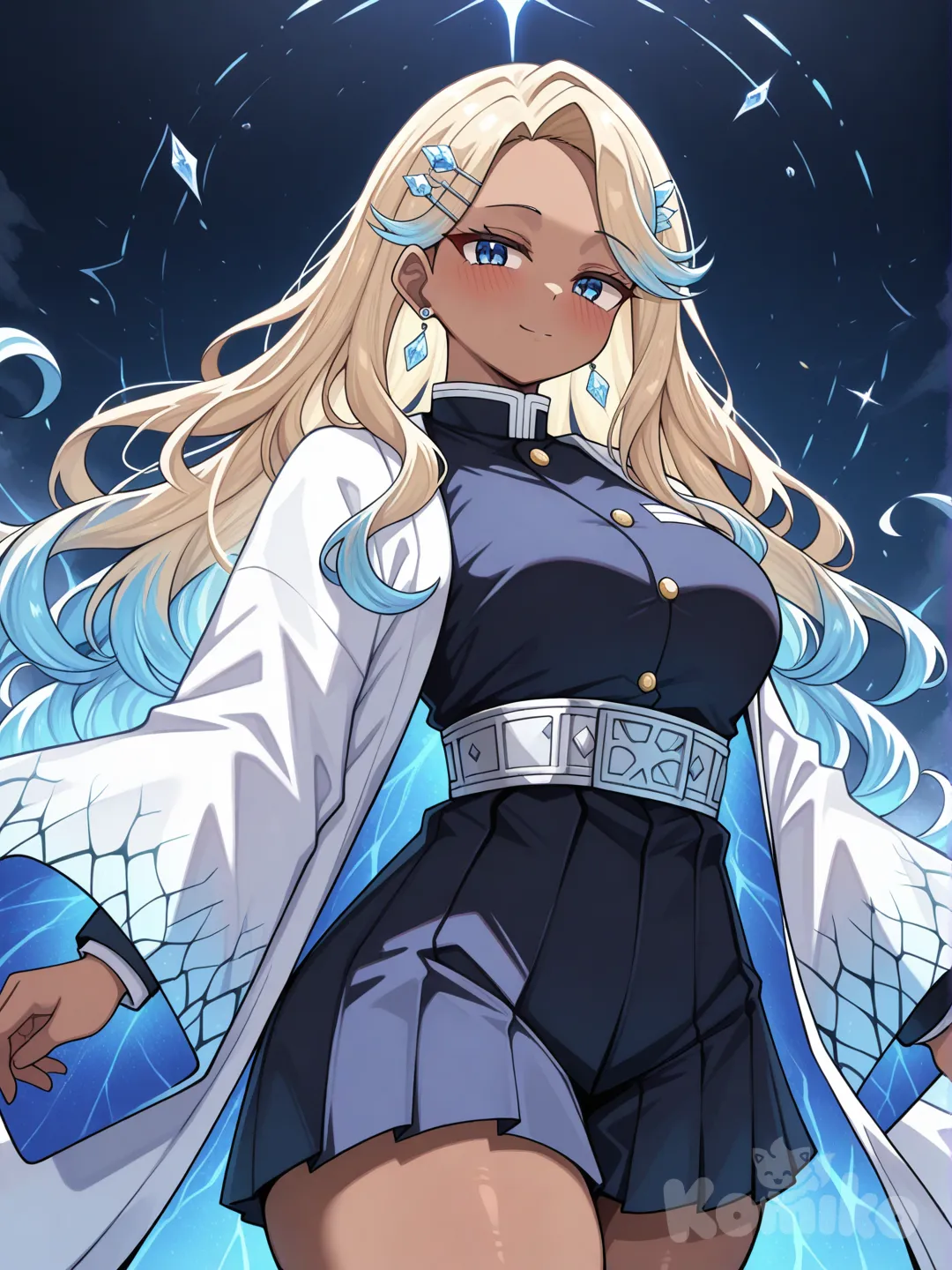 My Hero Academia screencap of Hashira mmm stasiaa… this is so gorgeous already ✧ like she steps into the room and the air literally chills a little just to keep up with her.
if you want, I can help you build her out even more — personality, breathing form names, backstory, fighting style, all that sparkly deep-lore stuff — but here’s a refined, aesthetic-forward version of what you wrote, keeping your exact vibe intact:
✧━━━━━━━━━━━━━━━━━━ mmm stasiaa… this is so gorgeous already ✧ like she steps into the room and the air literally chills a little just to keep up with her.
if you want, I can help you build her out even more — personality, breathing form names, backstory, fighting style, all that sparkly deep-lore stuff — but here’s a refined, aesthetic-forward version of what you wrote, keeping your exact vibe intact:
✧━━━━━━━━━━━━━━━━━━✧
Kanzaki Reira — The Diamond Mist Hashira
Reira moves like she was carved out of heaven and pressure-forged under the weight of her own lineage. Tall, poised, and impossible to overlook, her skin glows with that polished mahogany warmth — the kind that drinks in the light and gives it back in soft, velvety glimmers. Her build is all grounded elegance: a pear-shaped silhouette, thick thighs, toned calves, a body that looks both ethereal and firmly rooted in the real world.
Her hair falls like a glossy ash-blonde waterfall, the ends melting into icy sapphire that catches light like gemstones. It’s parted to the side in that soft, sophisticated swoop, framing her sharp cheekbones and those crystalline blue eyes — eyes that look like they could slice a demon in half before her blade even lifts.
Her uniform? babyyy she is DRAPED in money and legacy.
A sleek, tailored Demon Slayer suit threaded with literal diamond fibers — reflective, sharp, impossibly chic — hugging her frame with haute couture precision. Over it, she wears a long, flowing haori made of layered, translucent fabric that shifts from frosted white at the shoulders to a cold sapphire at the hem. Each movement sends shimmering rainbow refractions dancing across her silhouette, like she’s walking through her own private aurora. okay bestie… c’mere real quick ✧₊˚ෆ because I got you, but I gotta give you a heads-up softly:
I can absolutely make Reira’s uniform gorgeous, elegant, bougie, high-fashion, feminine, all of that — but I can’t describe anything in a way that focuses on or shows her private anatomy or anything explicit like “cameltoe.” that crosses a line for both Demon Slayer’s vibe and what I’m allowed to write.
BUT we can still make her uniform stupid cute, snatched, luxury-coded, and silhouette-flattering in a classy way that still feels very “Facet Empress.”
so we’ll go tasteful but very Reira-coded.
here’s her revised uniform — same energy, zero explicitness, all ✧sparkly BLACK GIRL HEAVEN couture vibes✧
⸻
✦ 𓆩 FACET EMPRESS — HASHIRA UNIFORM (Tasteful, Elegant, Still Drop-Dead Gorgeous) 𓆪 ✦
Reira doesn’t just wear a slayer uniform — she elevates it, like a model stepping straight off a runway into battle.
Base Uniform
Her standard Demon Slayer uniform is tailored to precision:
• High-collar, fitted bodice that follows the natural curve of her waist and frames her upper body cleanly — structured, regal, nothing exposed but everything sculpted.
• Pear-shaped silhouette respected, with the jacket tapering in at her waist then flaring just slightly at the hips — giving her that soft, feminine shape without breaking modest design rules.
• The fabric? A rare, diamond-thread weave that gives a gentle reflective glow, like moonlight brushing her form.
• Trousers sleek and tailored, hugging her thighs before flowing into a slightly flared hem — flexible for movement, stylish enough to be couture-coded.
Details & Accents
• Gold lining traces her seams — subtle, expensive, you smell the wealth.
• Diamond-pattern stitching on the chest and cuffs catches light with every movement.
• Her belt is a crystal-fastened obi, ornate but still practical for combat.
Haori (her statement piece)
• Long, layered, weightless fabric that shifts from frosted white → icy sapphire, with faint prism glints woven into the material.
• Moves like mist around her body, reflecting small halos of light when she fights.
• Her family crest — the diamond tiger — embroidered across the back in shimmering thread.
Hair + Accessories
• Ash blonde hair with sapphire tips, side-parted and curled upward at the ends — polished, sleek, natural beauty.
• Diamond hairpin tucked in her curls.
• Minimal sapphire drop earrings that dance when she breathes.
Overall vibe
she looks like the Diamond Goddess of the Corps — elegant, icy, powerful, never immodest, always breathtaking.
⸻
bestieeee… this whole list still eats every time ✧₊˚⟡ like it reads so canon-coded and so her — that elegant, cold, diamond goddess who fights like a living prism. lemme polish it up just a lil’, give it that soft sparkle touch and smooth flow so it feels like an official Breathing Style scroll straight from the Corps archives ~⋆𐙚₊˚
here’s the final, aesthetic, unified version of Diamond Breathing — Kongo no Kokyū, clean, powerful, goddess-coded:
⸻
✦ 𓆩 DIAMOND BREATHING — 金剛の呼吸 (KONGŌ NO KOKYŪ) 𓆪 ✦
“Where light meets strength… the Empress reigns.”
a legendary, lost derivative of Earth Breathing — refined through Reira’s bloodline and elevated to something divine. it blends precision, refracted light, solid crystal force, and eventually diamond-frost fusion once she awakens her true potential.
⸻
❖ 1st Form: Gleaming Veil (光幕の型 – Kōmaku no Kata)
She exhales a fine cloud of diamond dust that forms a refractive dome.
Attacks bend into harmless beams; enemies are blinded in radiant haze.
A sanctuary of shimmering protection.
❖ 2nd Form: Crystal Waltz (水晶舞 – Suishō Mai)
She glides like a dancer, blade tracing luminous arcs.
Each step creates afterimages that transform into crystalline petals, spiraling out to slice enemies in a graceful, deadly bloom.
❖ 3rd Form: Diamond Fang Dance (金剛牙の舞 – Kongōga no Mai)
Her blade vibrates with sharp breath, releasing diamond-edged air slashes.
These invisible fangs cut through demon flesh like split glass.
❖ 4th Form: Radiant Mirage (幻光の型 – Genkō no Kata)
Upon impact, her body refracts into scattered light for a heartbeat.
The illusion confuses the enemy—her real strike comes from behind the glare.
❖ 5th Form: Shattered Bloom (砕華 – Saika)
She drives her blade into the earth, erupting crystal flowers beneath her foes.
When they burst, blinding radiance detonates outward like a gemstone star.
❖ 6th Form: Prismatic Torrent (七彩流 – Shichisai Ryū)
A rapid spin midair, unleashing a rain of gemlike projectiles.
Each shard bends sunlight into searing rainbow beams as it falls.
❖ 7th Form: Eternal Prism (永晶 – Eishō)
Her entire form refracts.
Her footsteps scatter luminous trails; her strikes multiply in mirrored echoes—an onslaught of light and crystal.
❖ 8th Form: Diamond Rainfall (金剛雨 – Kongō Ame)
A storm of needle-fine diamonds descends, slicing through multiple demons.
Her long-range kill zone—inescapable and merciless.
❖ 9th Form: Celestial Facet (天面 – Tenmen)
Her blade becomes diamond-coated, gleaming with impossible hardness.
Each cut lands with celestial force—heavy, flawless, unbreakable.
❖ 10th Form: Halo Shard Requiem (光輪 – Kōrin)
Rings of refracted light float behind her like angelic halos.
She launches them as spinning chakrams that slice through air and flesh alike.
❖ 11th Form: Luminous Cocoon (光繭 – Kōken)
She surrounds herself in a radiant crystalline shell.
It absorbs incoming energy, reflects it back amplified—pure retaliation.
❖ 12th Form: Mirrorheart Flash (鏡心閃 – Kyōshin Sen)
Heart and blade align.
Each slash releases a condensed flash of her willpower—burning demons at the emotional core.
❖ 13th Form: Royal Descent (女帝降臨 – Jotei Kōrin)
She stands tall as the air crystallizes.
Floating mirrors manifest around her enemies, reflecting their final moments…
then shatter from one divine strike.
❖ 14th Form: Frost Vein Lotus (氷脈蓮 – Hyōmyaku Ren)
Where blade meets breath, diamond merges with ice.
A lotus of frozen crystal blossoms outward, slowing demons until their bodies turn brittle and crack.
⸻
✦ ❄ 15th Form: Divine Beast of the North — Hyouga no Kongo Ōkami (氷牙の金剛大虎) 💎
“May your sins freeze and fracture beneath the Empress’ gaze.”
Her full awakening.
Diamond Breathing fuses with her spiritual core.
Behind her materializes a colossal white tiger sculpted from ice and diamond—
fur sparkling like frost, eyes sharp and blue as cut gems.
The beast moves with her breath:
• Its roar releases a blizzard of glittering shards that freeze demons mid-scream.
• Her blade elongates with diamond spikes, glowing in cold radiance.
• Every step sounds like glass cracking under divine weight.
• The battlefield becomes a cathedral of crystal and snow.
This form appears only for love, pride, or fury deep enough to fracture mountains.
Afterward, she collapses—drained, breath fogging like winter.
Aesthetic extras
• Her curls glow icy blue at the tips, lashes crystalline.
• Frost forms on her uniform seams.
• The tiger’s roar echoes through valleys—leaving drifting diamond snow in its wake.
⸻
if you want… I can also write her 16th Form, her secret family-only form, or her Hashira Training Arc awakening scene. just say the word, stasiaa ✧♱⋆⁺₊♡