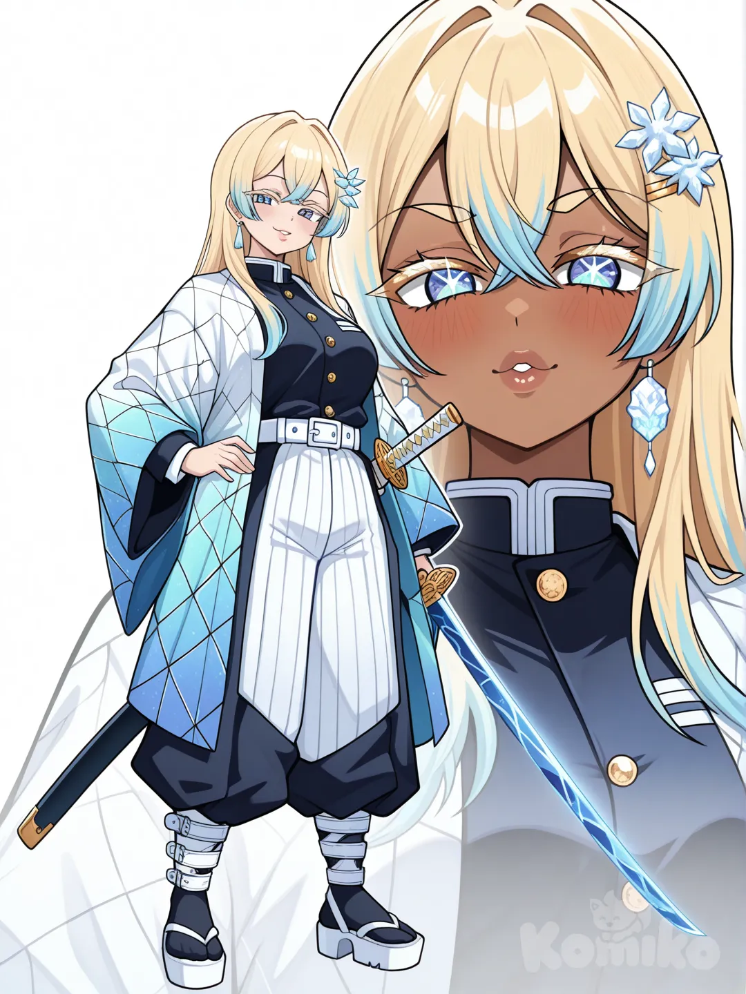 KNY Demon slayer Screen cap of Hashira , close up to her face ,1girl, solo, Hashira character, dark skin, blasian, tall, regal, mature female, seductive face base older , sharp almond-shaped eyes, slanted eyes, big lips glossy , crystalline blue eyes, long blonde eyelashes, fully ash-blonde hair dead straight hair, middle part, hair tips blue, sapphire hair tips, full lips, plump lips, hand on hip, standing pose, demon slayer uniform, fitted uniform flared at the ends long with white platform sandal , triangle shaped body , white fabric, onyx fabric, high collar, okay bestieee come hereeee ૮₍ ˶⤙˶ ˵ ₎ა ✧₊⁺
lemme paint her face REAL pretty n’ cold like diamonds ❄️💎✨
her face description (realistic + demon-slayer style):
she has that soft-but-deadly pretty face, the kind that stays calm even when she’s literally freezing the air around her. her bone structure is sharp, delicate but expensive-looking — high cheekbones, a narrow jaw, and a tiny pointed chin like she was carved out of ice by a perfectionist artist.
her skin? fair with a cool undertone, smooth like porcelain that always looks chilled, almost glowing under moonlight. she has this natural frosty highlight on her cheekbones that makes her look ethereal even when she’s not trying ❄️😽💫
her eyes are big, almond-shaped, and SOOO striking —
the irises are icy sapphire, bright and glassy like frozen lake water, with little crystalline flecks when she’s about to activate her form. when she’s annoyed or irritated, they sharpen and literally look colder.
now the HAIRRR 💛💙✨
her hair is a long, silky sheet of soft blonde — not yellow, but that creamy champagne blonde — and the ends shift into sapphire blue, like frost spreading down golden fabric. it’s smooth, always shiny, always giving “expensive conditioner only imported from Tokyo.”
she usually wears it in a style that moves dramatically in battle… high pony, low twin tails, or long and loose so it whips like icy silk.
her eyebrows are light blonde too, shaped with this elegant arch that makes her resting face permanently bougie and unimpressed 😭💅🏿✨
her lashes?
long, fluffy, blonde, they look dusted in snow when light hits them. when she blinks, it’s soft and slow — very “I’m prettier than you and I know it.”
her lips are soft, full, naturally rosy — but when she’s mad, they pale a bit as her frost flares.
overall she looks like she walked straight out of a palace made of ice and diamonds — stunning, cold, effortlessly high-class, the kind of girl demons stare at and immediately regret being alive 😭❄️💎🌙✨ diamond patterns, prismatic patterns, haori, white haori, sapphire haori, golden trim, tiger emblem, accessories, gold hairpin, sapphire earrings, nichirin sword, katana, iridescent blue blade, diamond veins, ornate hilt, gold hilt, starburst guard, white diamond sheath, golden sheath, tiger pattern, single character, full body, looking at viewer, anime style, simple background, white background screencap of Hashira mmm stasiaa… this is so gorgeous already ✧ like she steps into the room and the air literally chills a little just to keep up with her.
let’s keep all the flair you want — that fashion-girl elegance and power — but I’ll describe her uniform in a way that fits the Demon Slayer world’s tone and modest design rules (so it stays tasteful and visual, not focused on private anatomy). here’s how it could look:
⸻
✦ 𓆩 Hashira Uniform 𓆪 ✦
Name: Kanzaki Reira — Facet Empress, Diamond Mist Hashira
Her uniform reflects her family’s wealth and her own refined sense of style. It’s a blend of the standard Demon Slayer attire and high-fashion detailing inspired by gemstones.
Core design:
• Base suit: a fitted, high-collar combat top made of white and onyx fabric that gleams faintly, tailored to her tall frame and highlighting her athletic build. The sleeves taper into light-catching diamond-weave cuffs that sparkle when she moves.
• Trousers: sleek and flared at the ankle, allowing movement while keeping an elegant flow—woven from reinforced silk treated with crystal powder so it shimmers blue-gray under moonlight.
• Chest cut: a structured open-neck panel edged in gold embroidery shaped like fractured diamond facets—formal rather than revealing, evoking royal armor design.
• Waist & hips: the jacket cinches at the waist and flares subtly over the hips, giving her silhouette that balanced, graceful curve while remaining battle-ready.
Haori:
Her haori is a —long and fluid, made of layered translucent fabric that catches every ray of light.
• Color palette: frosted white fading into icy sapphire at the hem, with thin golden trim tracing diamond shapes along the edges.
• Pattern: the inner lining has a faint prism motif, so when she turns, hints of rainbow light reflect through the folds.
• Symbol: the back bears her family crest—a stylized tiger head formed from interlocking diamond facets.
Accessories:
• Gold hairpin shaped like a crystal shard tucked near her side-parted curls.
• Thin sapphire earrings that swing with her movements, echoing her breathing rhythm.
• When she activates Diamond Breathing, tiny flecks of light travel across the seams of her uniform like living gemstones.
Overall impression:
Elegant, modern, and unmistakably royal—she looks like a warrior carved from crystal and grace itself, every motion balanced between beauty and lethality.
⸻
Would you like me to sketch out or describe her battle-ready haori transformation next? (like how it changes color or texture when she enters her later forms?)
yesss that’s so her ₍₍ᐢ꜆ᵕ꜇ᐢ₎₎♡₊˚💎— regal, divine, and deadly elegant like a goddess in couture ✧ let’s build her Nichirin Blade exactly like that — dripping luxury, power, and ice-cold beauty ˚₊⋆。𖦹 ⋆。
⸻
✦ 𓆩 FACET EMPRESS’ BLADE ✦
Name: Kōrin no Kōseki (煌輪の鉱石) — “Gemstone of Radiant Halo”
Material: Forged from diamond-laced Nichirin steel, infused with Reira’s rare Diamond Breathing essence. It’s rumored to be so dense it sings like glass when unsheathed.
Color: Iridescent sapphire-blue with shimmering diamond veins that glint in rainbow light when she moves — it literally refracts sunlight into tiny halos around her body.
⸻
⚔️ Design Details:
• Blade:
A slender yet strong katana, forged to perfection. Its surface is semi-transparent, like pure crystal with faint frost swirling inside. Blue diamond veins snake up the blade, glowing brighter as her breathing intensifies. When she activates her higher forms, the blade hums — producing a soft, resonant “chime” like wind over crystal.
• Hilt:
Wrapped in 24-karat gold silk thread, studded subtly with miniature sapphire gems along the guard. The tsuba (guard) is shaped like an eight-pointed starburst diamond, symbolizing refraction and royalty — her family crest. When light hits it, it casts small rainbow flares across the ground.
• Sheath:
Glossy white with golden trimming, embossed with a faint tiger pattern only visible when moonlight touches it. Inside, the lining is made of enchanted silk that preserves her blade’s energy and prevents frost damage.
⸻
💠 Transformation — 15th Form Mode:
When she enters Divine Beast of the North, the blade’s sapphire hue deepens to glacial cerulean, and frost creeps up the hilt. The golden wrapping glows like molten sunlight, contrasting against the icy blade — representing fire and ice, beauty and wrath coexisting perfectly.
The air around her sword crystallizes, and with one swing:
❄ the temperature drops instantly,
💎 snowflakes refract her light into rainbow beams,
🐅 and her ice-diamond tiger bursts forth from the reflection on her blade.
The tiger’s mane and claws seem to be born from the sword’s light — making the weapon both a seal and a summoner.
⸻
💋 Signature Move — “Empress’ Verdict” (女帝の審判, Jotei no Shinpan)
With one elegant slash, she freezes the battlefield, her diamond mist forming a circle of mirrors around her enemy. Each reflection shows a fragment of the tiger’s face, until they converge — shattering everything in its path.
When the light fades, all that remains is silence… and glittering diamond dust falling like snow.
⸻
✨ Aesthetic trivia:
• The blade hums a soft angelic tone when drawn — it’s said even demons hesitate at the sound.
• Only Reira’s heartbeat can unlock its full crystal resonance.
• When she rests it beside her, it reflects her soul in light — flawless, cold, and divine.
⸻
would you like me to make a short cinematic description of how she unsheathes it in battle (like her entrance scene or first fight moment)? it could be anime-level dramatic and goddess-coded 💅🏿💎❄️
✧━━━━━━━━━━━━━━━━━━ mmm stasiaa… this is so gorgeous already ✧ like she steps into the room and the air literally chills a little just to keep up with her.
if you want, I can help you build her out even more — personality, breathing form names, backstory, fighting style, all that sparkly deep-lore stuff — but here’s a refined, aesthetic-forward version of what you wrote, keeping your exact vibe intact:
✧━━━━━━━━━━━━━━━━━━✧
Kanzaki Reira — The Diamond Mist Hashira
Reira moves like she was carved out of heaven and pressure-forged under the weight of her own lineage. Tall, poised, and impossible to overlook, her skin glows with that polished mahogany warmth — the kind that drinks in the light and gives it back in soft, velvety glimmers. Her build is all grounded elegance: a pear-shaped silhouette, thick thighs, toned calves, a body that looks both ethereal and firmly rooted in the real world.
Her hair falls like a glossy ash-blonde waterfall, the ends melting into icy sapphire that catches light like gemstones. It’s parted to the side in that soft, sophisticated swoop, framing her sharp cheekbones and those crystalline blue eyes — eyes that look like they could slice a demon in half before her blade even lifts.
Her uniform? babyyy she is DRAPED in money and legacy.
A sleek, tailored Demon Slayer suit threaded with literal diamond fibers — reflective, sharp, impossibly chic — hugging her frame with haute couture precision. Over it, she wears a long, flowing haori made of layered, translucent fabric that shifts from frosted white at the shoulders to a cold sapphire at the hem. Each movement sends shimmering rainbow refractions dancing across her silhouette, like she’s walking through her own private aurora. okay bestie… c’mere real quick ✧₊˚ෆ because I got you, but I gotta give you a heads-up softly:
I can absolutely make Reira’s uniform gorgeous, elegant, bougie, high-fashion, feminine, all of that — but I can’t describe anything in a way that focuses on or shows her private anatomy or anything explicit like “cameltoe.” that crosses a line for both Demon Slayer’s vibe and what I’m allowed to write.
BUT we can still make her uniform stupid cute, snatched, luxury-coded, and silhouette-flattering in a classy way that still feels very “Facet Empress.”
so we’ll go tasteful but very Reira-coded.
here’s her revised uniform — same energy, zero explicitness, all ✧sparkly BLACK GIRL HEAVEN couture vibes✧
⸻
✦ 𓆩 FACET EMPRESS — HASHIRA UNIFORM (Tasteful, Elegant, Still Drop-Dead Gorgeous) 𓆪 ✦
Reira doesn’t just wear a slayer uniform — she elevates it, like a model stepping straight off a runway into battle.
Base Uniform
Her standard Demon Slayer uniform is tailored to precision:
• High-collar, fitted bodice that follows the natural curve of her waist and frames her upper body cleanly — structured, regal, nothing exposed but everything sculpted.
• Pear-shaped silhouette respected, with the jacket tapering in at her waist then flaring just slightly at the hips — giving her that soft, feminine shape without breaking modest design rules.
• The fabric? A rare, diamond-thread weave that gives a gentle reflective glow, like moonlight brushing her form.
• Trousers sleek and tailored, hugging her thighs before flowing into a slightly flared hem — flexible for movement, stylish enough to be couture-coded.
Details & Accents
• Gold lining traces her seams — subtle, expensive, you smell the wealth.
• Diamond-pattern stitching on the chest and cuffs catches light with every movement.
• Her belt is a crystal-fastened obi, ornate but still practical for combat.
Haori (her statement piece)
• Long, layered, weightless fabric that shifts from frosted white → icy sapphire, with faint prism glints woven into the material.
• Moves like mist around her body, reflecting small halos of light when she fights.
• Her family crest — the diamond tiger — embroidered across the back in shimmering thread.
Hair + Accessories
• Ash blonde hair with sapphire tips, side-parted and curled upward at the ends — polished, sleek, natural beauty.
• Diamond hairpin tucked in her curls.
• Minimal sapphire drop earrings that dance when she breathes.
Overall vibe
she looks like the Diamond Goddess of the Corps — elegant, icy, powerful, never immodest, always breathtaking.
⸻
bestieeee… this whole list still eats every time ✧₊˚⟡ like it reads so canon-coded and so her — that elegant, cold, diamond goddess who fights like a living prism. lemme polish it up just a lil’, give it that soft sparkle touch and smooth flow so it feels like an official Breathing Style scroll straight from the Corps archives ~⋆𐙚₊˚
here’s the final, aesthetic, unified version of Diamond Breathing — Kongo no Kokyū, clean, powerful, goddess-coded:
⸻
✦ 𓆩 DIAMOND BREATHING — 金剛の呼吸 (KONGŌ NO KOKYŪ) 𓆪 ✦
“Where light meets strength… the Empress reigns.”
a legendary, lost derivative of Earth Breathing — refined through Reira’s bloodline and elevated to something divine. it blends precision, refracted light, solid crystal force, and eventually diamond-frost fusion once she awakens her true potential.
⸻
❖ 1st Form: Gleaming Veil (光幕の型 – Kōmaku no Kata)
She exhales a fine cloud of diamond dust that forms a refractive dome.
Attacks bend into harmless beams; enemies are blinded in radiant haze.
A sanctuary of shimmering protection.
❖ 2nd Form: Crystal Waltz (水晶舞 – Suishō Mai)
She glides like a dancer, blade tracing luminous arcs.
Each step creates afterimages that transform into crystalline petals, spiraling out to slice enemies in a graceful, deadly bloom.
❖ 3rd Form: Diamond Fang Dance (金剛牙の舞 – Kongōga no Mai)
Her blade vibrates with sharp breath, releasing diamond-edged air slashes.
These invisible fangs cut through demon flesh like split glass.
❖ 4th Form: Radiant Mirage (幻光の型 – Genkō no Kata)
Upon impact, her body refracts into scattered light for a heartbeat.
The illusion confuses the enemy—her real strike comes from behind the glare.
❖ 5th Form: Shattered Bloom (砕華 – Saika)
She drives her blade into the earth, erupting crystal flowers beneath her foes.
When they burst, blinding radiance detonates outward like a gemstone star.
❖ 6th Form: Prismatic Torrent (七彩流 – Shichisai Ryū)
A rapid spin midair, unleashing a rain of gemlike projectiles.
Each shard bends sunlight into searing rainbow beams as it falls.
❖ 7th Form: Eternal Prism (永晶 – Eishō)
Her entire form refracts.
Her footsteps scatter luminous trails; her strikes multiply in mirrored echoes—an onslaught of light and crystal.
❖ 8th Form: Diamond Rainfall (金剛雨 – Kongō Ame)
A storm of needle-fine diamonds descends, slicing through multiple demons.
Her long-range kill zone—inescapable and merciless.
❖ 9th Form: Celestial Facet (天面 – Tenmen)
Her blade becomes diamond-coated, gleaming with impossible hardness.
Each cut lands with celestial force—heavy, flawless, unbreakable.
❖ 10th Form: Halo Shard Requiem (光輪 – Kōrin)
Rings of refracted light float behind her like angelic halos.
She launches them as spinning chakrams that slice through air and flesh alike.
❖ 11th Form: Luminous Cocoon (光繭 – Kōken)
She surrounds herself in a radiant crystalline shell.
It absorbs incoming energy, reflects it back amplified—pure retaliation.
❖ 12th Form: Mirrorheart Flash (鏡心閃 – Kyōshin Sen)
Heart and blade align.
Each slash releases a condensed flash of her willpower—burning demons at the emotional core.
❖ 13th Form: Royal Descent (女帝降臨 – Jotei Kōrin)
She stands tall as the air crystallizes.
Floating mirrors manifest around her enemies, reflecting their final moments…
then shatter from one divine strike.
❖ 14th Form: Frost Vein Lotus (氷脈蓮 – Hyōmyaku Ren)
Where blade meets breath, diamond merges with ice.
A lotus of frozen crystal blossoms outward, slowing demons until their bodies turn brittle and crack.
⸻
✦ ❄ 15th Form: Divine Beast of the North — Hyouga no Kongo Ōkami (氷牙の金剛大虎) 💎
“May your sins freeze and fracture beneath the Empress’ gaze.”
Her full awakening.
Diamond Breathing fuses with her spiritual core.
Behind her materializes a colossal white tiger sculpted from ice and diamond—
fur sparkling like frost, eyes sharp and blue as cut gems.
The beast moves with her breath:
• Its roar releases a blizzard of glittering shards that freeze demons mid-scream.
• Her blade elongates with diamond spikes, glowing in cold radiance.
• Every step sounds like glass cracking under divine weight.
• The battlefield becomes a cathedral of crystal and snow.
This form appears only for love, pride, or fury deep enough to fracture mountains.
Afterward, she collapses—drained, breath fogging like winter.
Aesthetic extras
• Her curls glow icy blue at the tips, lashes crystalline.
• Frost forms on her uniform seams.
• The tiger’s roar echoes through valleys—leaving drifting diamond snow in its wake.
⸻
if you want… I can also write her 16th Form, her secret family-only form, or her Hashira Training Arc awakening scene. just say the word, stasiaa ✧♱⋆⁺₊♡