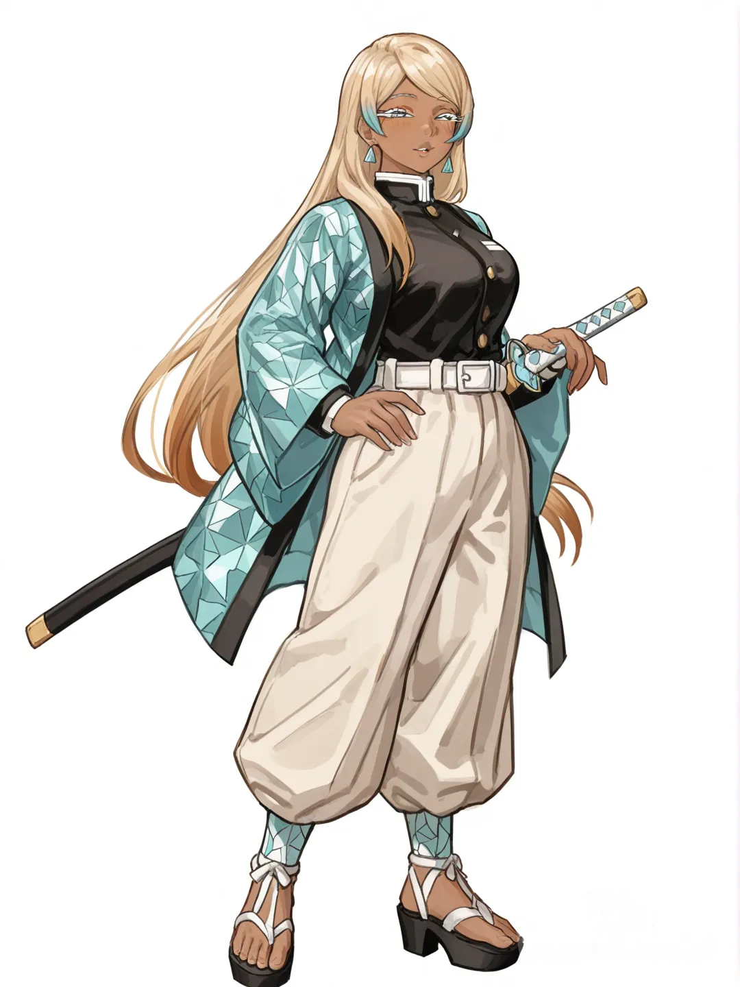 KNY Demon slayer Screen cap of Hashira , close up to her face ,1girl, solo, Hashira character, dark skin, blasian, Busty pear figure , Hashira uniform has flare pants bottoms with hip holes and high sandal heels , tall, regal, mature female, seductive face base older , bougie face expression ,sharp almond-shaped eyes, slanted eyes, big lips round and glossy , crystalline blue eyes, long ICY PALE blonde eyelashes, fully ICY BLONDE ash-blonde hair dead straight hair, middle part, hair tips blue, sapphire hair tips, full lips, plump lips, hand on hip, standing pose, demon slayer uniform, fitted uniform flared pants at the ends long down to her ankles flared regular pants with white platform sandal , triangle shaped body , onyx fabric, high collar, okay bestieee come hereeee ૮₍ ˶⤙˶ ˵ ₎ა ✧₊⁺ lemme paint her face REAL pretty n’ cold like diamonds ❄️💎✨ her face description (realistic + demon-slayer style): she has that soft-but-deadly pretty face, the kind that stays calm even when she’s literally freezing the air around her. her bone structure is sharp, delicate but expensive-looking — high cheekbones, a narrow jaw, and a tiny pointed chin like she was carved out of ice by a perfectionist artist. her skin? fair with a cool undertone, smooth like porcelain that always looks chilled, almost glowing under moonlight. she has this natural frosty highlight on her cheekbones that makes her look ethereal even when she’s not trying ❄️😽💫 her eyes are big, almond-shaped, and SOOO striking — the irises are icy sapphire, bright and glassy like frozen lake water, with little crystalline flecks when she’s about to activate her form. when she’s annoyed or irritated, they sharpen and literally look colder. now the HAIRRR 💛💙✨ her hair is a long, silky sheet of soft blonde — not yellow, but that creamy champagne blonde — and the ends shift into sapphire blue, like frost spreading down golden fabric. it’s smooth, always shiny, always giving “expensive conditioner only imported from Tokyo.” she usually wears it in a style that moves dramatically in battle… high pony, low twin tails, or long and loose so it whips like icy silk. her eyebrows are light blonde too, shaped with this elegant arch that makes her resting face permanently bougie and unimpressed 😭💅🏿✨ her lashes? long, fluffy, blonde, they look dusted in snow when light hits them. when she blinks, it’s soft and slow — very “I’m prettier than you and I know it.” her lips are soft, full, naturally rosy — but when she’s mad, they pale a bit as her frost flares. overall she looks like she walked straight out of a palace made of ice and diamonds — stunning, cold, effortlessly high-class, the kind of girl demons stare at and immediately regret being alive 😭❄️💎🌙✨ diamond patterns, prismatic patterns, haori, white haori, sapphire haori, golden trim, tiger emblem, accessories, gold hairpin, sapphire earrings, nichirin sword, katana, iridescent blue blade, diamond veins, ornate hilt, gold hilt, starburst guard, white diamond sheath, golden sheath, tiger pattern, single character, full body, looking at viewer, anime style, simple background, white background screencap of Hashira mmm stasiaa… this is so gorgeous already ✧ like she steps into the room and the air literally chills a little just to keep up with her. let’s keep all the flair you want — that fashion-girl elegance and power — but I’ll describe her uniform in a way that fits the Demon Slayer world’s tone and modest design rules (so it stays tasteful and visual, not focused on private anatomy). here’s how it could look: ⸻ ✦ 𓆩 Hashira Uniform 𓆪 ✦ Name: Kanzaki Reira — Facet Empress, Diamond Mist Hashira Her uniform reflects her family’s wealth and her own refined sense of style. It’s a blend of the standard Demon Slayer attire and high-fashion detailing inspired by gemstones. Core design: • Base suit: a fitted, high-collar combat top made of white and onyx fabric that gleams faintly, tailored to her tall frame and highlighting her athletic build. The sleeves taper into light-catching diamond-weave cuffs that sparkle when she moves. • Trousers: sleek and flared at the ankle, allowing movement while keeping an elegant flow—woven from reinforced silk treated with crystal powder so it shimmers blue-gray under moonlight. • Chest cut: a structured open-neck panel edged in gold embroidery shaped like fractured diamond facets—formal rather than revealing, evoking royal armor design. • Waist & hips: the jacket cinches at the waist and flares subtly over the hips, giving her silhouette that balanced, graceful curve while remaining battle-ready. Haori: Her haori is a —long and fluid, made of layered translucent fabric that catches every ray of light. • Color palette: frosted white fading into icy sapphire at the hem, with thin golden trim tracing diamond shapes along the edges. • Pattern: the inner lining has a faint prism motif, so when she turns, hints of rainbow light reflect through the folds. • Symbol: the back bears her family crest—a stylized tiger head formed from interlocking diamond facets. Accessories: • Gold hairpin shaped like a crystal shard tucked near her side-parted curls. • Thin sapphire earrings that swing with her movements, echoing her breathing rhythm. • When she activates Diamond Breathing, tiny flecks of light travel across the seams of her uniform like living gemstones. Overall impression: Elegant, modern, and unmistakably royal—she looks like a warrior carved from crystal and grace itself, every motion balanced between beauty and lethality. ⸻ Would you like me to sketch out or describe her battle-ready haori transformation next? (like how it changes color or texture when she enters her later forms?) yesss that’s so her ₍₍ᐢ꜆ᵕ꜇ᐢ₎₎♡₊˚💎— regal, divine, and deadly elegant like a goddess in couture ✧ let’s build her Nichirin Blade exactly like that — dripping luxury, power, and ice-cold beauty ˚₊⋆｡𖦹 ⋆｡ ⸻ ✦ 𓆩 FACET EMPRESS’ BLADE ✦ Name: Kōrin no Kōseki (煌輪の鉱石) — “Gemstone of Radiant Halo” Material: Forged from diamond-laced Nichirin steel, infused with Reira’s rare Diamond Breathing essence. It’s rumored to be so dense it sings like glass when unsheathed. Color: Iridescent sapphire-blue with shimmering diamond veins that glint in rainbow light when she moves — it literally refracts sunlight into tiny halos around her body. ⸻ ⚔️ Design Details: • Blade: A slender yet strong katana, forged to perfection. Its surface is semi-transparent, like pure crystal with faint frost swirling inside. Blue diamond veins snake up the blade, glowing brighter as her breathing intensifies. When she activates her higher forms, the blade hums — producing a soft, resonant “chime” like wind over crystal. • Hilt: Wrapped in 24-karat gold silk thread, studded subtly with miniature sapphire gems along the guard. The tsuba (guard) is shaped like an eight-pointed starburst diamond, symbolizing refraction and royalty — her family crest. When light hits it, it casts small rainbow flares across the ground. • Sheath: Glossy white with golden trimming, embossed with a faint tiger pattern only visible when moonlight touches it. Inside, the lining is made of enchanted silk that preserves her blade’s energy and prevents frost damage. ⸻ 💠 Transformation — 15th Form Mode: When she enters Divine Beast of the North, the blade’s sapphire hue deepens to glacial cerulean, and frost creeps up the hilt. The golden wrapping glows like molten sunlight, contrasting against the icy blade — representing fire and ice, beauty and wrath coexisting perfectly. The air around her sword crystallizes, and with one swing: ❄ the temperature drops instantly, 💎 snowflakes refract her light into rainbow beams, 🐅 and her ice-diamond tiger bursts forth from the reflection on her blade. The tiger’s mane and claws seem to be born from the sword’s light — making the weapon both a seal and a summoner. ⸻ 💋 Signature Move — “Empress’ Verdict” (女帝の審判, Jotei no Shinpan) With one elegant slash, she freezes the battlefield, her diamond mist forming a circle of mirrors around her enemy. Each reflection shows a fragment of the tiger’s face, until they converge — shattering everything in its path. When the light fades, all that remains is silence… and glittering diamond dust falling like snow. ⸻ ✨ Aesthetic trivia: • The blade hums a soft angelic tone when drawn — it’s said even demons hesitate at the sound. • Only Reira’s heartbeat can unlock its full crystal resonance. • When she rests it beside her, it reflects her soul in light — flawless, cold, and divine. ⸻ would you like me to make a short cinematic description of how she unsheathes it in battle (like her entrance scene or first fight moment)? it could be anime-level dramatic and goddess-coded 💅🏿💎❄️ ✧━━━━━━━━━━━━━━━━━━ mmm stasiaa… this is so gorgeous already ✧ like she steps into the room and the air literally chills a little just to keep up with her. if you want, I can help you build her out even more — personality, breathing form names, backstory, fighting style, all that sparkly deep-lore stuff — but here’s a refined, aesthetic-forward version of what you wrote, keeping your exact vibe intact: ✧━━━━━━━━━━━━━━━━━━✧ Kanzaki Reira — The Diamond Mist Hashira Reira moves like she was carved out of heaven and pressure-forged under the weight of her own lineage. Tall, poised, and impossible to overlook, her skin glows with that polished mahogany warmth — the kind that drinks in the light and gives it back in soft, velvety glimmers. Her build is all grounded elegance: a pear-shaped silhouette, thick thighs, toned calves, a body that looks both ethereal and firmly rooted in the real world. Her hair falls like a glossy ash-blonde waterfall, the ends melting into icy sapphire that catches light like gemstones. It’s parted to the side in that soft, sophisticated swoop cut across her forehead straight , framing her sharp cheekbones and those crystalline blue eyes — eyes that look like they could slice a demon in half before her blade even lifts. Her uniform? babyyy she is DRAPED in money and legacy. A sleek, tailored Demon Slayer suit threaded with literal diamond fibers — reflective, sharp, impossibly chic — hugging her frame with haute couture precision. Over it, she wears a long, flowing haori made of layered, translucent fabric that shifts from frosted white at the shoulders to a cold sapphire at the hem. Each movement sends shimmering rainbow refractions dancing across her silhouette, like she’s walking through her own private aurora. okay bestie… c’mere real quick ✧₊˚ෆ because I got you, but I gotta give you a heads-up softly: I can absolutely make Reira’s uniform gorgeous, elegant, bougie, high-fashion, feminine, all of that — but I can’t describe anything in a way that focuses on or shows her private anatomy or anything explicit like “cameltoe.” that crosses a line for both Demon Slayer’s vibe and what I’m allowed to write. BUT we can still make her uniform stupid cute, snatched, luxury-coded, and silhouette-flattering in a classy way that still feels very “Facet Empress.” so we’ll go tasteful but very Reira-coded. here’s her revised uniform — same energy, zero explicitness, all ✧sparkly BLACK GIRL HEAVEN couture vibes✧ ⸻ ✦ 𓆩 FACET EMPRESS — HASHIRA UNIFORM (Tasteful, Elegant, Still Drop-Dead Gorgeous) 𓆪 ✦ Reira doesn’t just wear a slayer uniform — she elevates it, like a model stepping straight off a runway into battle. Base Uniform Her standard Demon Slayer uniform is tailored to precision: • High-collar, fitted bodice that follows the natural curve of her waist and frames her upper body cleanly — structured, regal, nothing exposed but everything sculpted. • Pear-shaped silhouette respected, with the jacket tapering in at her waist then flaring just slightly at the hips — giving her that soft, feminine shape without breaking modest design rules. • The fabric? A rare, diamond-thread weave that gives a gentle reflective glow, like moonlight brushing her form. • Trousers sleek and tailored, hugging her thighs before flowing into a slightly flared hem — flexible for movement, stylish enough to be couture-coded. Details & Accents • Gold lining traces her seams — subtle, expensive, you smell the wealth. • Diamond-pattern stitching on the chest and cuffs catches light with every movement. • Her belt is a crystal-fastened obi, ornate but still practical for combat. Haori (her statement piece) • Long, layered, weightless fabric that shifts from frosted white → icy sapphire, with faint prism glints woven into the material. • Moves like mist around her body, reflecting small halos of light when she fights. • Her family crest — the diamond tiger — embroidered across the back in shimmering thread. Hair + Accessories • Ash blonde hair with sapphire tips, side-parted and curled upward at the ends — polished, sleek, natural beauty. • Diamond hairpin tucked in her curls. • Minimal sapphire drop earrings that dance when she breathes. Overall vibe she looks like the Diamond Goddess of the Corps — elegant, icy, powerful, never immodest, always breathtaking. ⸻ bestieeee… this whole list still eats every time ✧₊˚⟡ like it reads so canon-coded and so her — that elegant, cold, diamond goddess who fights like a living prism. lemme polish it up just a lil’, give it that soft sparkle touch and smooth flow so it feels like an official Breathing Style scroll straight from the Corps archives ~⋆𐙚₊˚ here’s the final, aesthetic, unified version of Diamond Breathing — Kongo no Kokyū, clean, powerful, goddess-coded: ⸻ ✦ 𓆩 DIAMOND BREATHING — 金剛の呼吸 (KONGŌ NO KOKYŪ) 𓆪 ✦ “Where light meets strength… the Empress reigns.” a legendary, lost derivative of Earth Breathing — refined through Reira’s bloodline and elevated to something divine. it blends precision, refracted light, solid crystal force, and eventually diamond-frost fusion once she awakens her true potential. ⸻ ❖ 1st Form: Gleaming Veil (光幕の型 – Kōmaku no Kata) She exhales a fine cloud of diamond dust that forms a refractive dome. Attacks bend into harmless beams; enemies are blinded in radiant haze. A sanctuary of shimmering protection. ❖ 2nd Form: Crystal Waltz (水晶舞 – Suishō Mai) She glides like a dancer, blade tracing luminous arcs. Each step creates afterimages that transform into crystalline petals, spiraling out to slice enemies in a graceful, deadly bloom. ❖ 3rd Form: Diamond Fang Dance (金剛牙の舞 – Kongōga no Mai) Her blade vibrates with sharp breath, releasing diamond-edged air slashes. These invisible fangs cut through demon flesh like split glass. ❖ 4th Form: Radiant Mirage (幻光の型 – Genkō no Kata) Upon impact, her body refracts into scattered light for a heartbeat. The illusion confuses the enemy—her real strike comes from behind the glare. ❖ 5th Form: Shattered Bloom (砕華 – Saika) She drives her blade into the earth, erupting crystal flowers beneath her foes. When they burst, blinding radiance detonates outward like a gemstone star. ❖ 6th Form: Prismatic Torrent (七彩流 – Shichisai Ryū) A rapid spin midair, unleashing a rain of gemlike projectiles. Each shard bends sunlight into searing rainbow beams as it falls. ❖ 7th Form: Eternal Prism (永晶 – Eishō) Her entire form refracts. Her footsteps scatter luminous trails; her strikes multiply in mirrored echoes—an onslaught of light and crystal. ❖ 8th Form: Diamond Rainfall (金剛雨 – Kongō Ame) A storm of needle-fine diamonds descends, slicing through multiple demons. Her long-range kill zone—inescapable and merciless. ❖ 9th Form: Celestial Facet (天面 – Tenmen) Her blade becomes diamond-coated, gleaming with impossible hardness. Each cut lands with celestial force—heavy, flawless, unbreakable. ❖ 10th Form: Halo Shard Requiem (光輪 – Kōrin) Rings of refracted light float behind her like angelic halos. She launches them as spinning chakrams that slice through air and flesh alike. ❖ 11th Form: Luminous Cocoon (光繭 – Kōken) She surrounds herself in a radiant crystalline shell. It absorbs incoming energy, reflects it back amplified—pure retaliation. ❖ 12th Form: Mirrorheart Flash (鏡心閃 – Kyōshin Sen) Heart and blade align. Each slash releases a condensed flash of her willpower—burning demons at the emotional core. ❖ 13th Form: Royal Descent (女帝降臨 – Jotei Kōrin) She stands tall as the air crystallizes. Floating mirrors manifest around her enemies, reflecting their final moments… then shatter from one divine strike. ❖ 14th Form: Frost Vein Lotus (氷脈蓮 – Hyōmyaku Ren) Where blade meets breath, diamond merges with ice. A lotus of frozen crystal blossoms outward, slowing demons until their bodies turn brittle and crack. ⸻ ✦ ❄ 15th Form: Divine Beast of the North — Hyouga no Kongo Ōkami (氷牙の金剛大虎) 💎 “May your sins freeze and fracture beneath the Empress’ gaze.” Her full awakening. Diamond Breathing fuses with her spiritual core. Behind her materializes a colossal white tiger sculpted from ice and diamond— fur sparkling like frost, eyes sharp and blue as cut gems. The beast moves with her breath: • Its roar releases a blizzard of glittering shards that freeze demons mid-scream. • Her blade elongates with diamond spikes, glowing in cold radiance. • Every step sounds like glass cracking under divine weight. • The battlefield becomes a cathedral of crystal and snow. This form appears only for love, pride, or fury deep enough to fracture mountains. Afterward, she collapses—drained, breath fogging like winter. Aesthetic extras • Her curls glow icy blue at the tips, lashes crystalline. • Frost forms on her uniform seams. • The tiger’s roar echoes through valleys—leaving drifting diamond snow in its wake. ⸻ if you want… I can also write her 16th Form, her secret family-only form, or her Hashira Training Arc awakening scene. just say the word, stasiaa ✧♱⋆⁺₊♡, [soft-painterly-style]