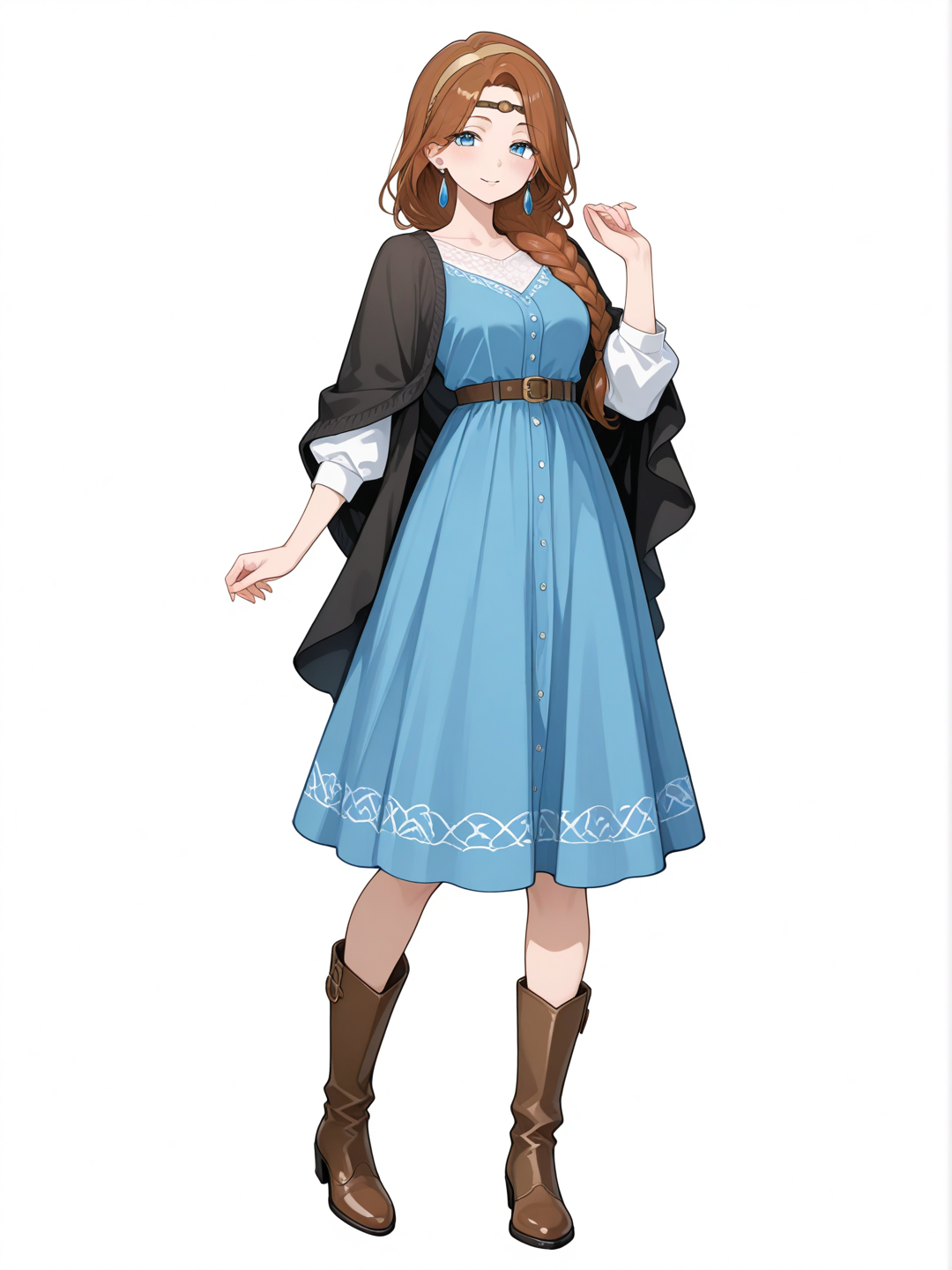 [warm-storybook-style]1girl, mature, brown_hair, long_hair, braids, blue_eyes, fair_skin, blue_dress, black_shawl, brown_boots, earrings, headband, single character, full body, looking at viewer, anime style, simple background, white background