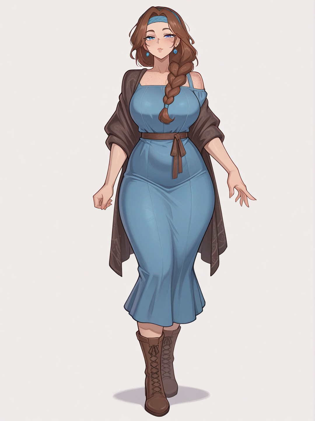 [warm-storybook-style]1girl, mature, brown_hair, long_hair, braids, blue_eyes, fair_skin, blue_dress, black_shawl, brown_boots, earrings, headband, single character, full body, looking at viewer, anime style, simple background, white background