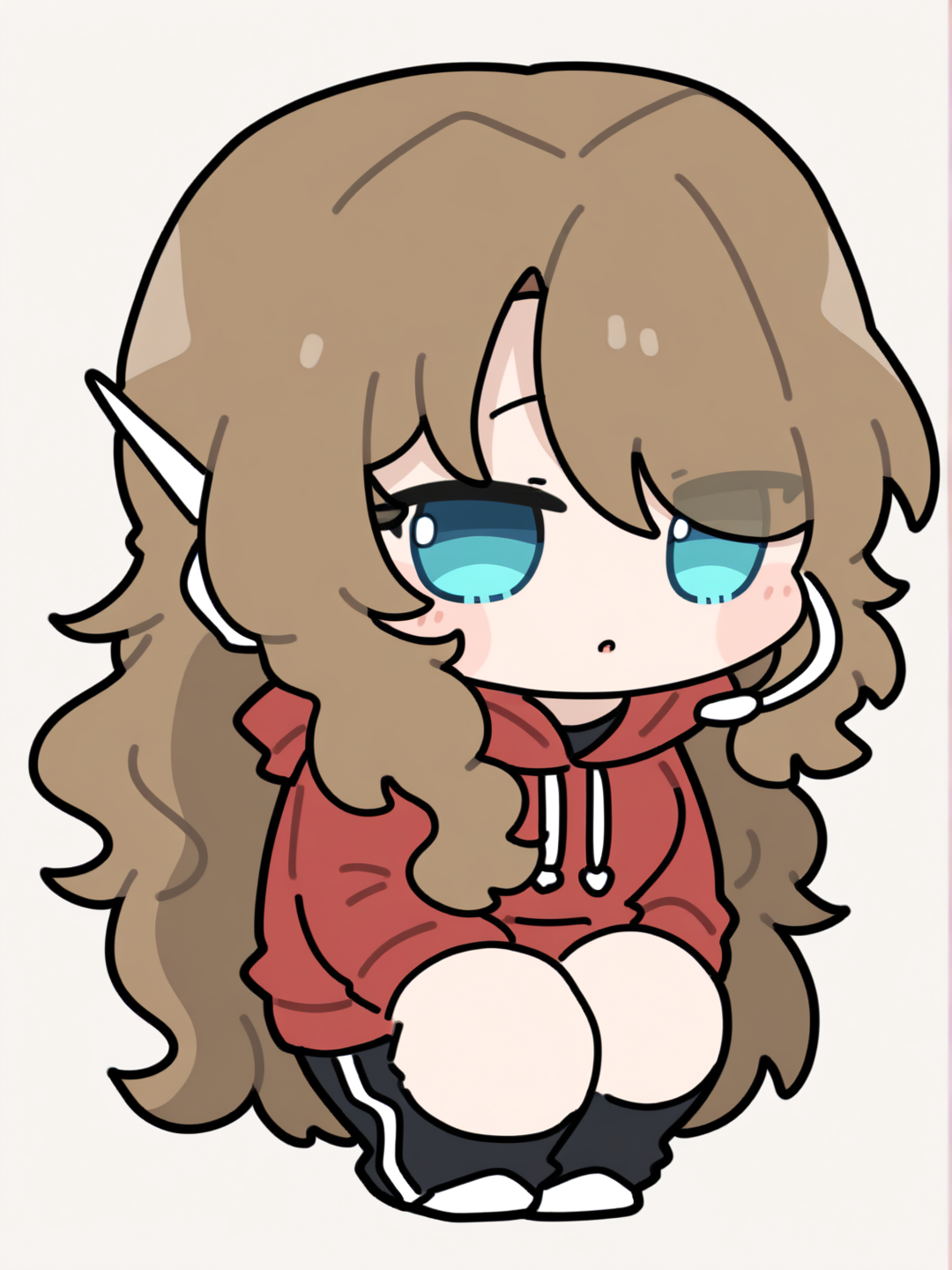 [soft-chibi-style]1girl, mature, brown hair, long hair, wavy hair, blue eyes, dimple, fair skin, red hoodie, black pants, white shoes, headphones, single character, full body, looking at viewer, anime style, simple background, white background