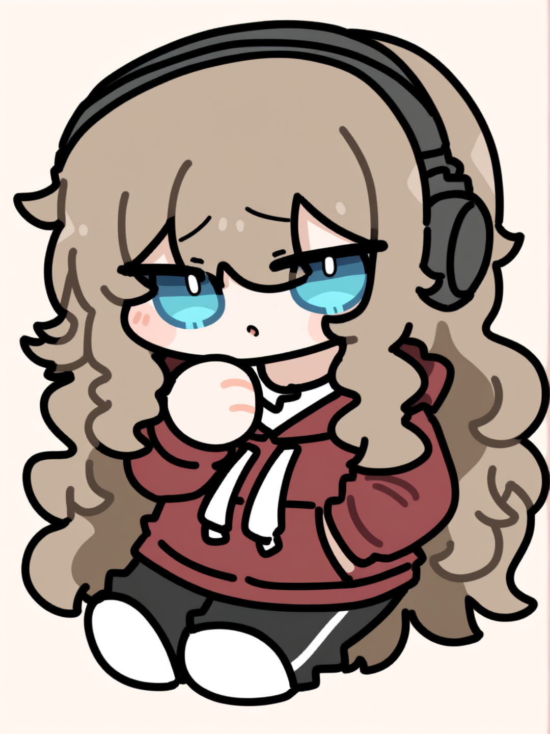 [soft-chibi-style]1girl, mature, brown hair, long hair, wavy hair, blue eyes, dimple, fair skin, red hoodie, black pants, white shoes, headphones, single character, full body, looking at viewer, anime style, simple background, white background
