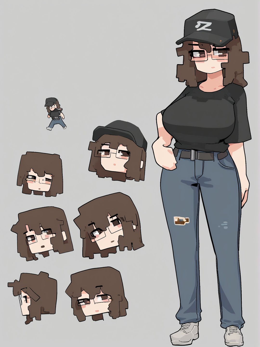 [moe-cubic-style]1girl, mature, short_hair, dark_brown_hair, curly_hair, brown_eyes, dimple, fair_skin, blue_t-shirt, jeans, white_shoes, glasses, baseball_hat, single character, full body, looking at viewer, anime style, simple background, white background